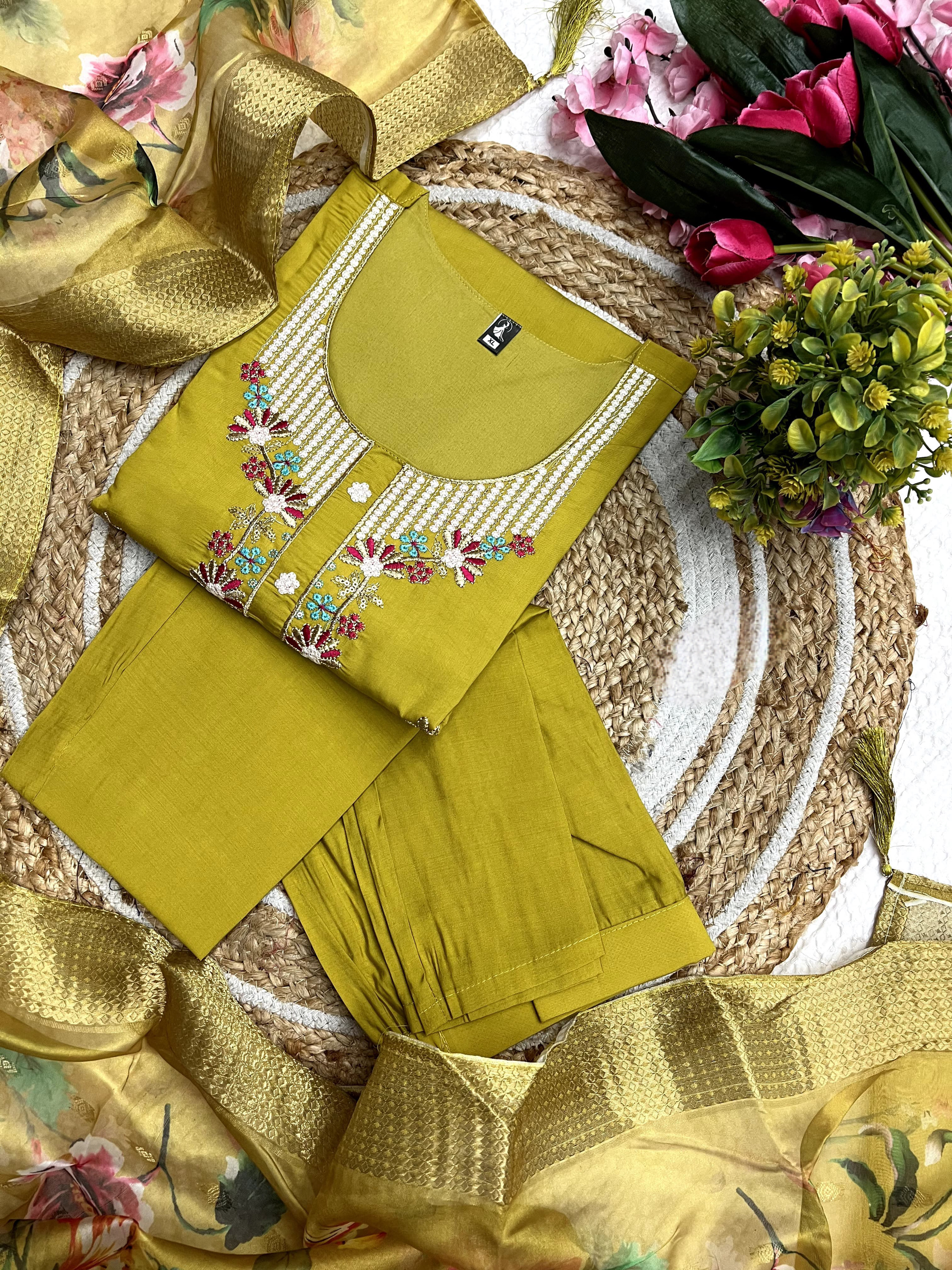 Mehandi Color Viscose Chanderi Embroidered Kurta With Bottom & Jacquard Butti Dupatta
