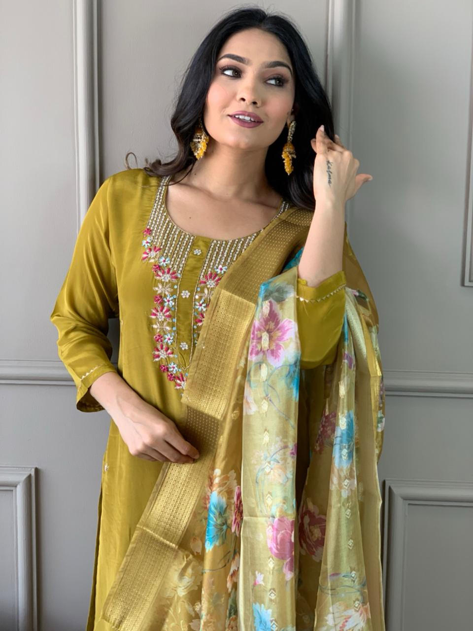Mehandi Color Viscose Chanderi Embroidered Kurta With Bottom & Jacquard Butti Dupatta