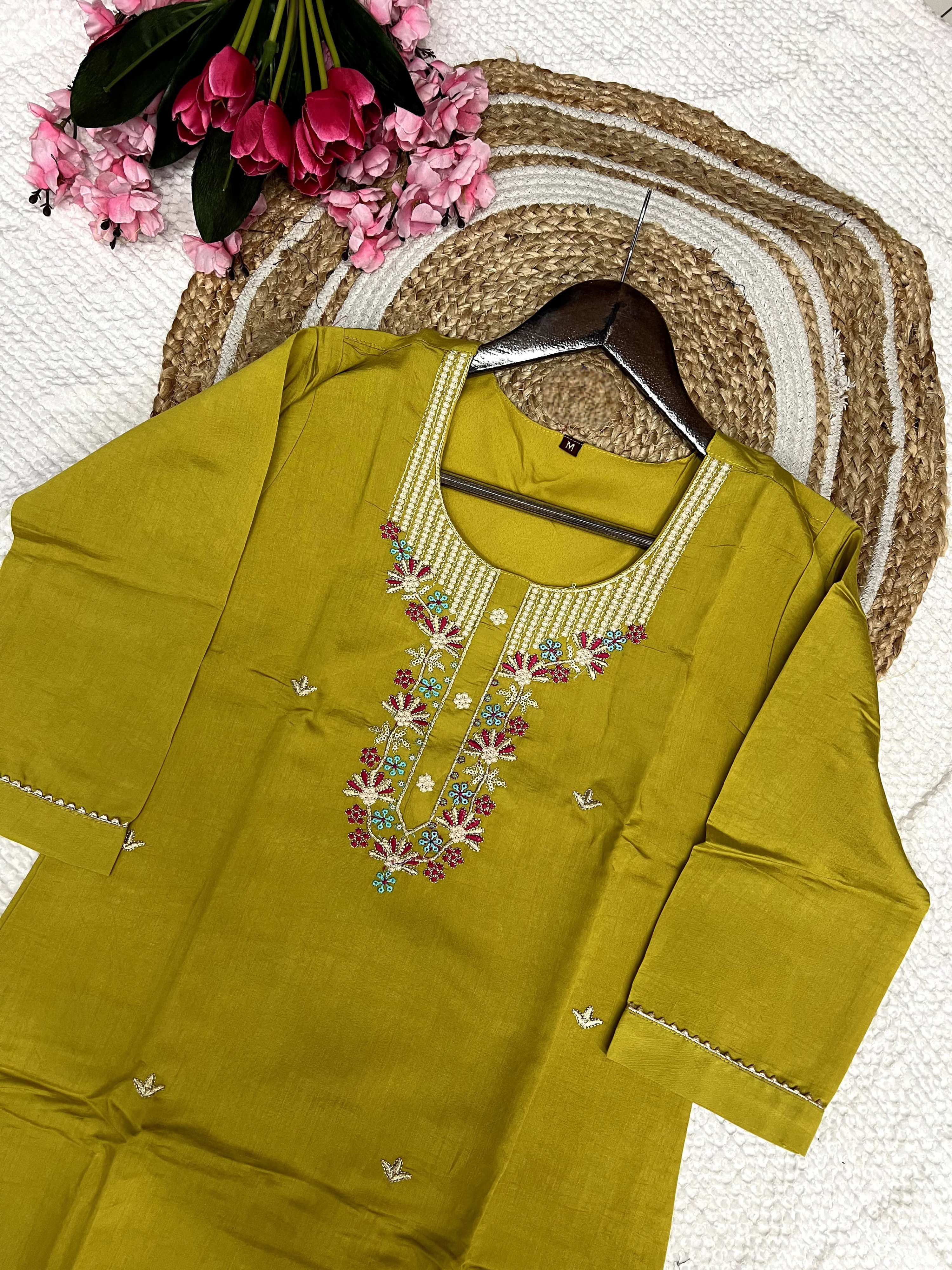 Mehandi Color Viscose Chanderi Embroidered Kurta With Bottom & Jacquard Butti Dupatta