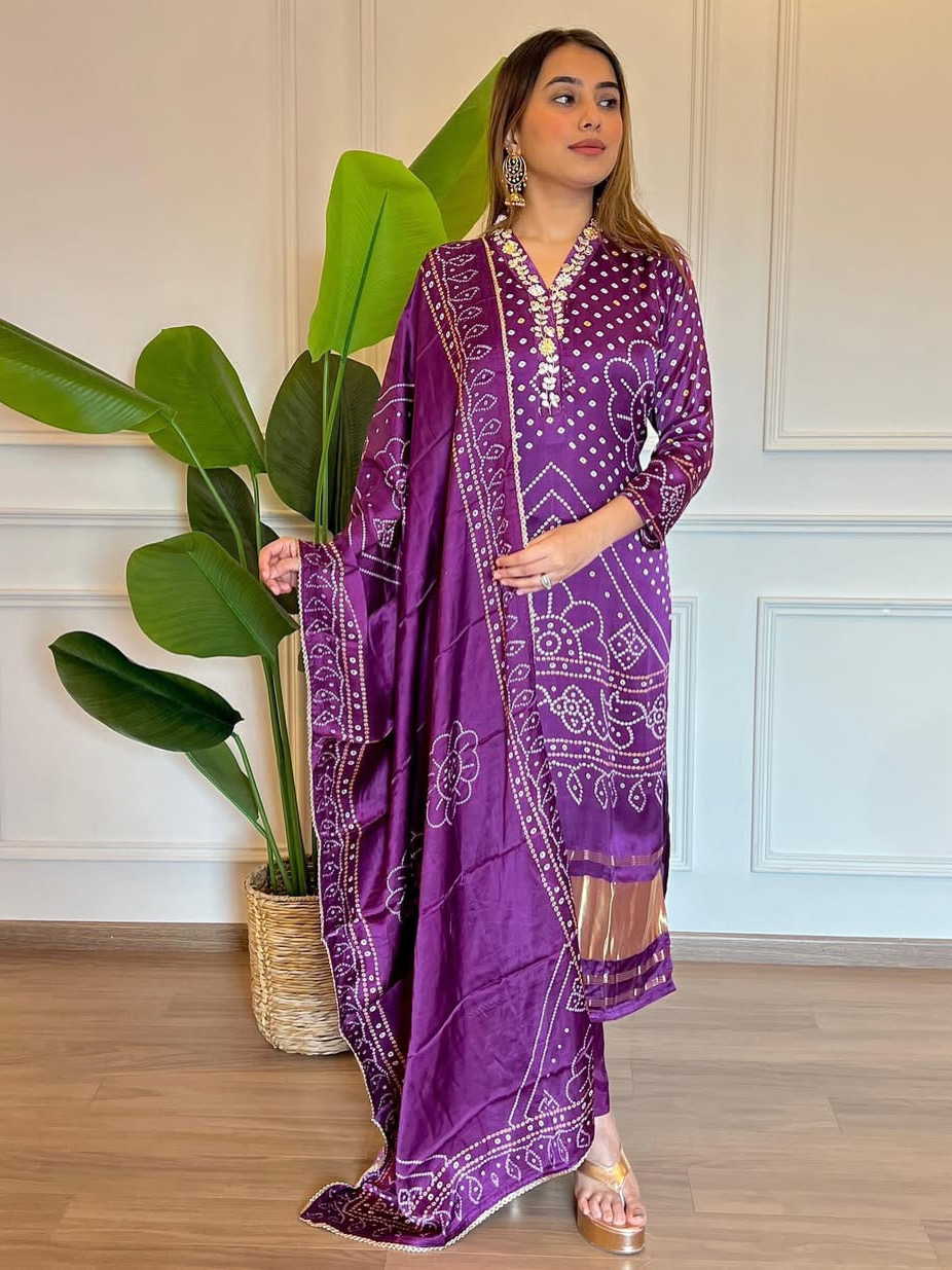 Purple Printed Viscose Position Print Full Inner With Cotton Bottom & Chanderi Dupatta