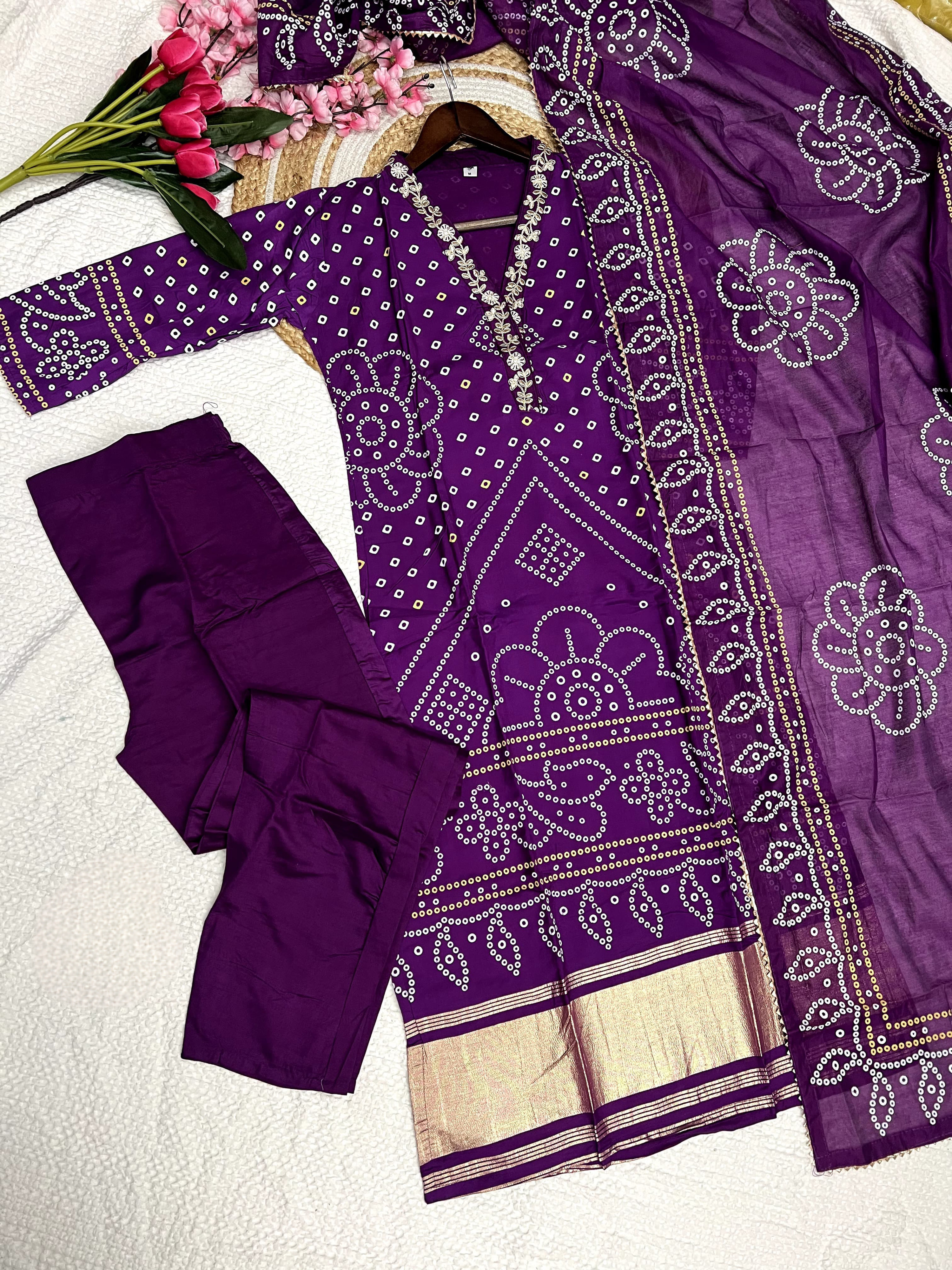 Purple Printed Viscose Position Print Full Inner With Cotton Bottom & Chanderi Dupatta