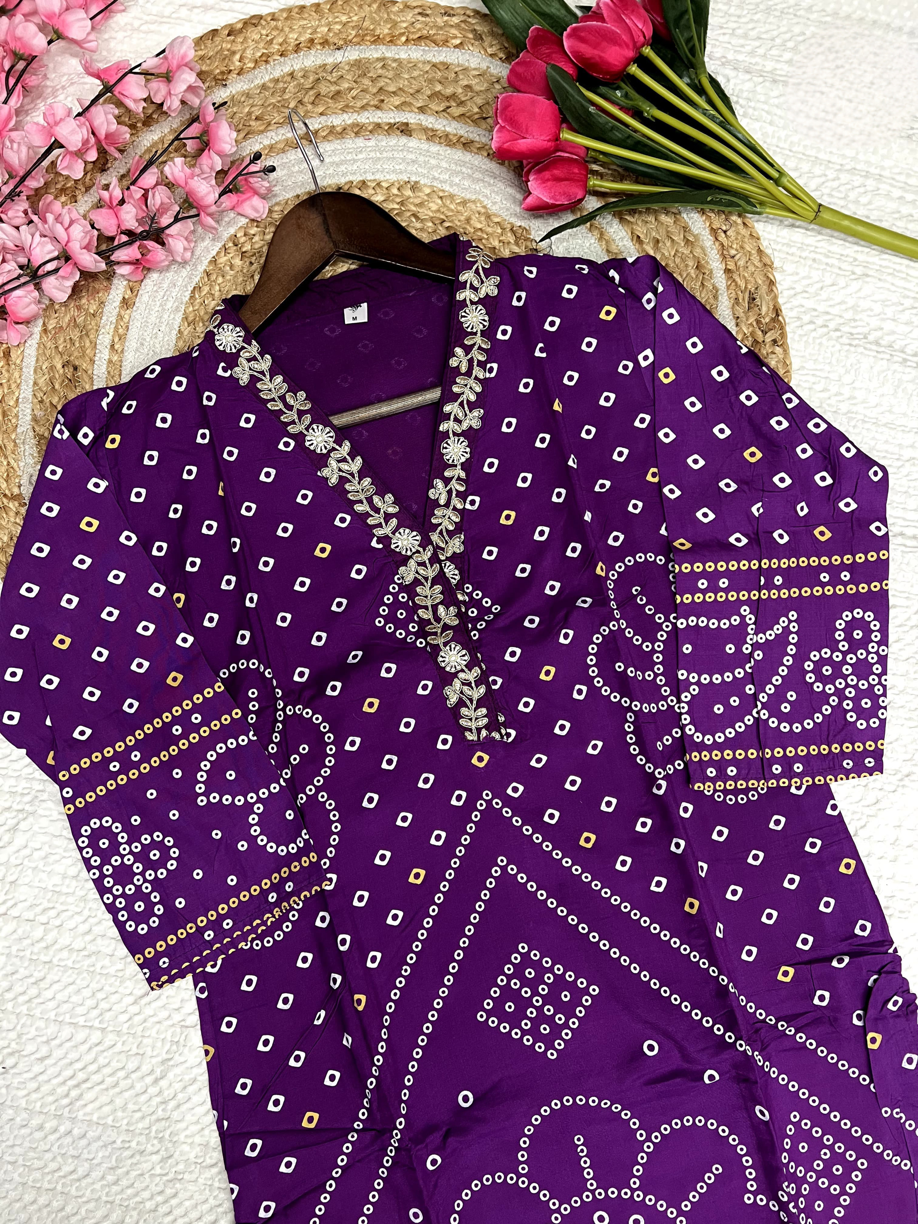 Purple Printed Viscose Position Print Full Inner With Cotton Bottom & Chanderi Dupatta