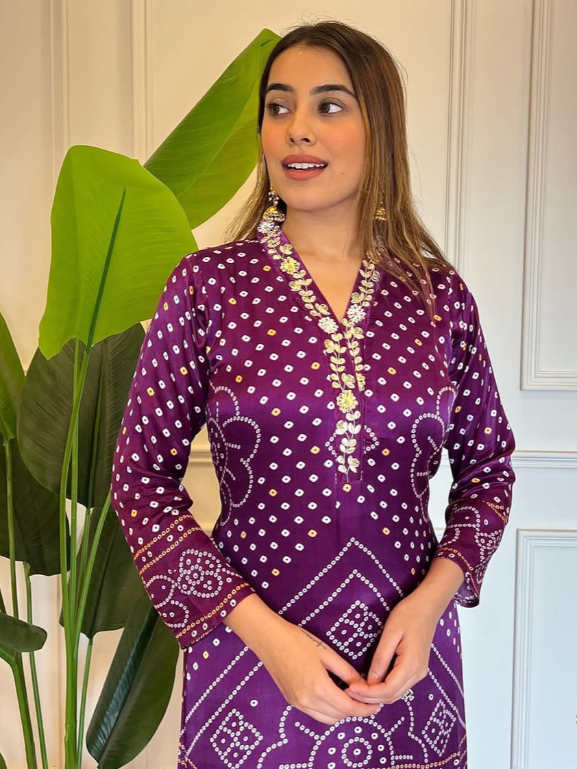 Purple Printed Viscose Position Print Full Inner With Cotton Bottom & Chanderi Dupatta