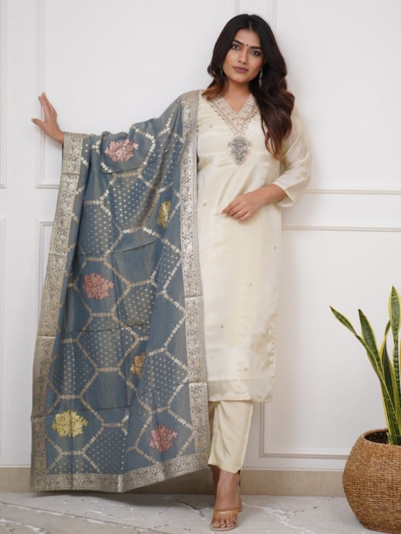 Off-White Color Heavy Viscose Chanderi Embroidery Kurta Set With Bottom & Jacquard Dupatta