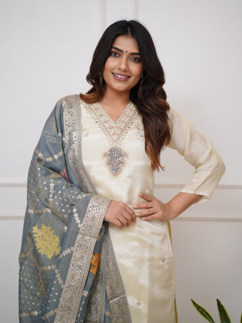 Off-White Color Heavy Viscose Chanderi Embroidery Kurta Set With Bottom & Jacquard Dupatta