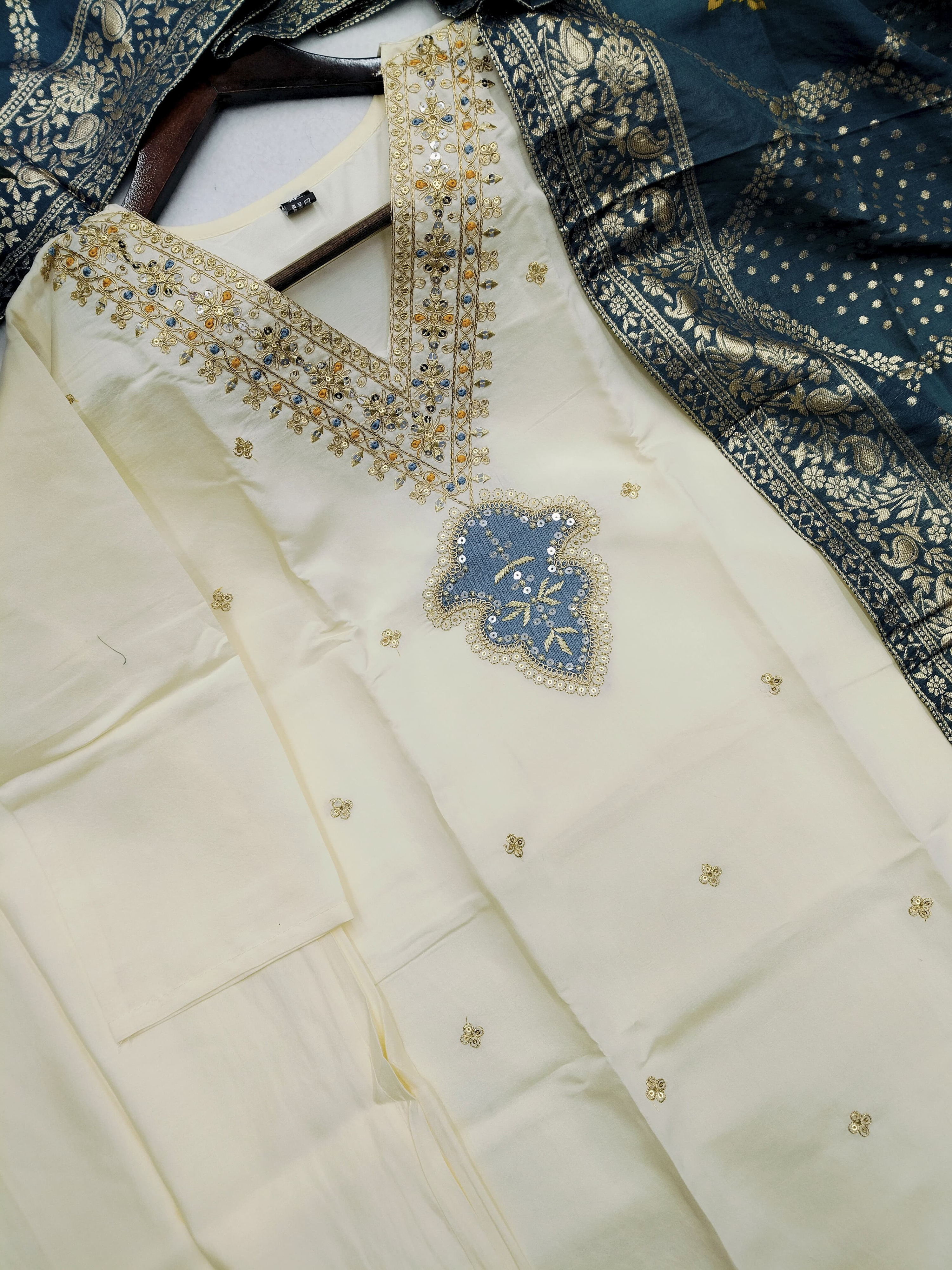 Off-White Color Heavy Viscose Chanderi Embroidery Kurta Set With Bottom & Jacquard Dupatta