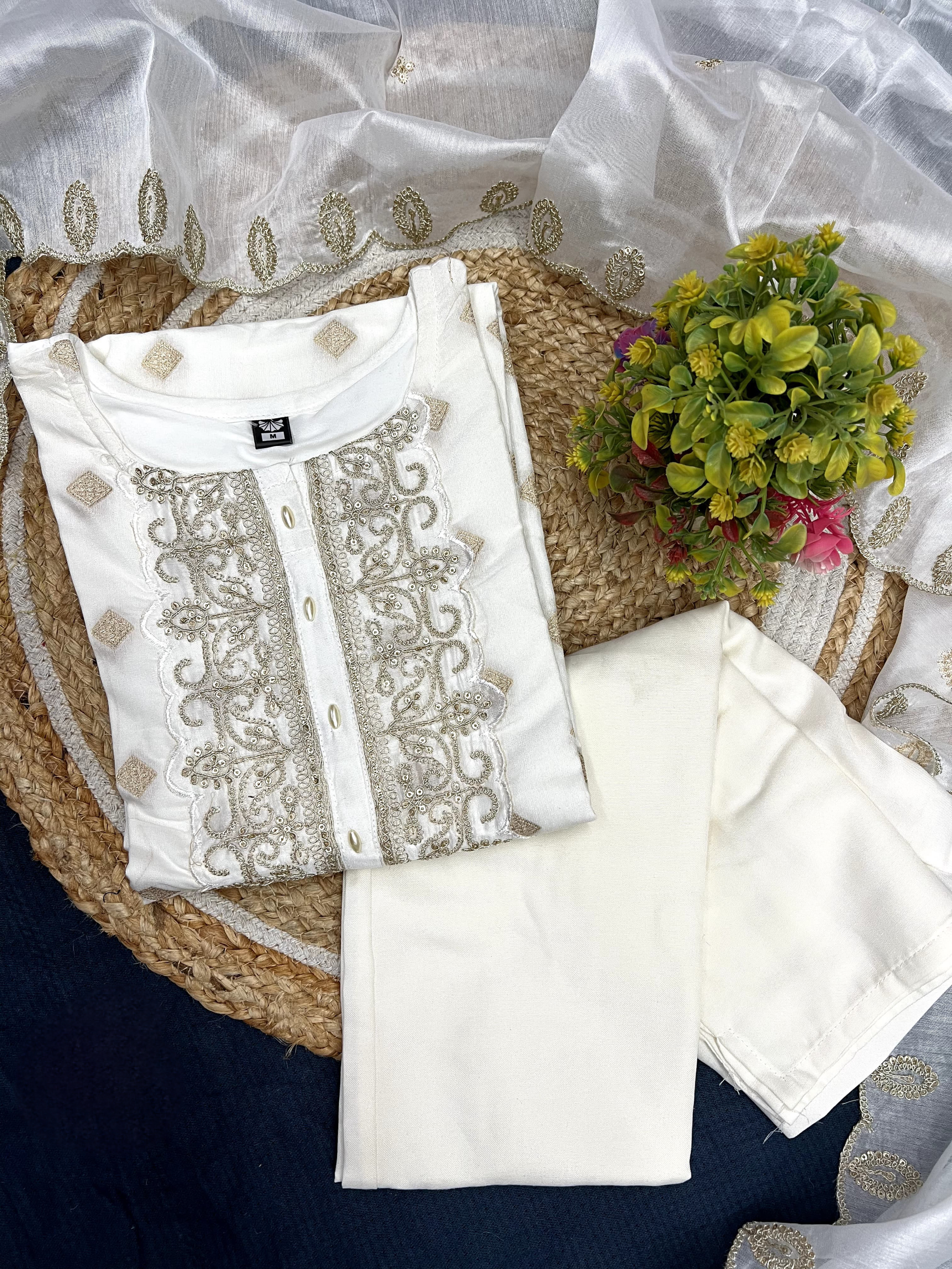 Beautiful Off-White Color Heavy Viscose Jacquard Embroidered Kurta Set With Reyon Bottom & Chanderi Dupatta