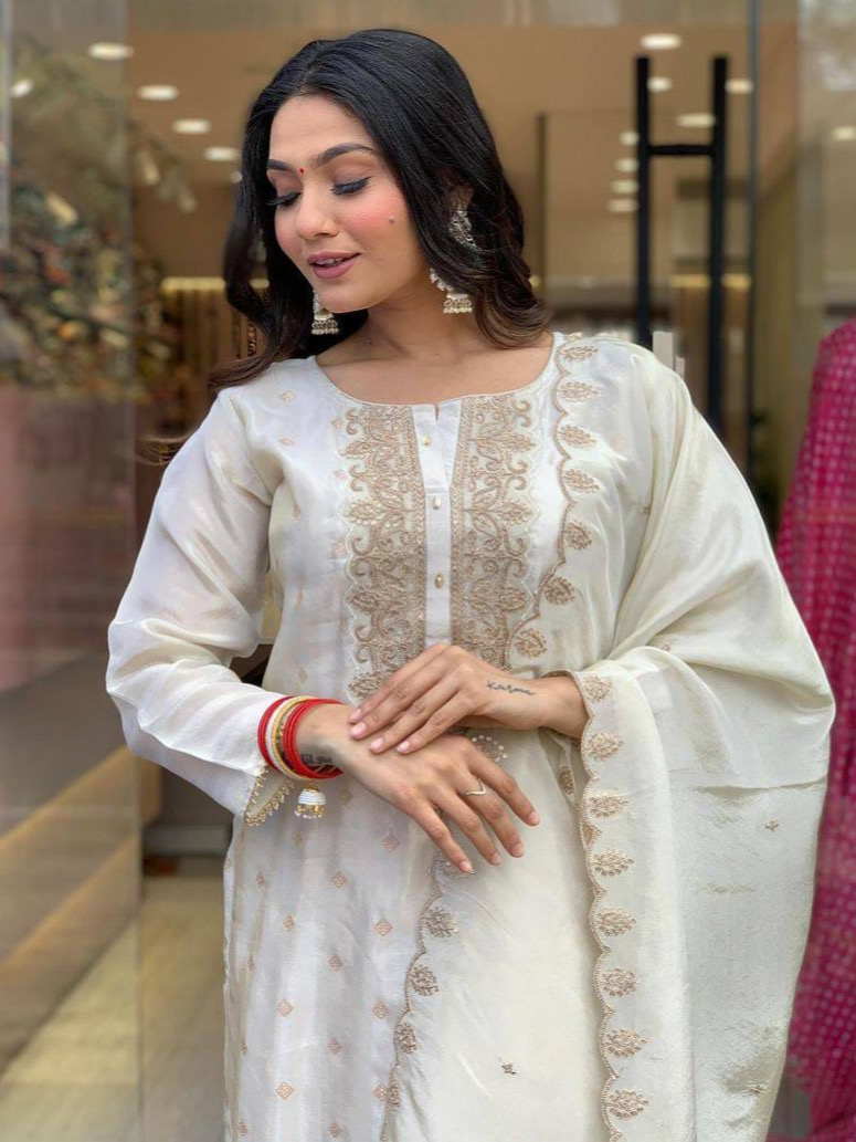 Beautiful Off-White Color Heavy Viscose Jacquard Embroidered Kurta Set With Reyon Bottom & Chanderi Dupatta