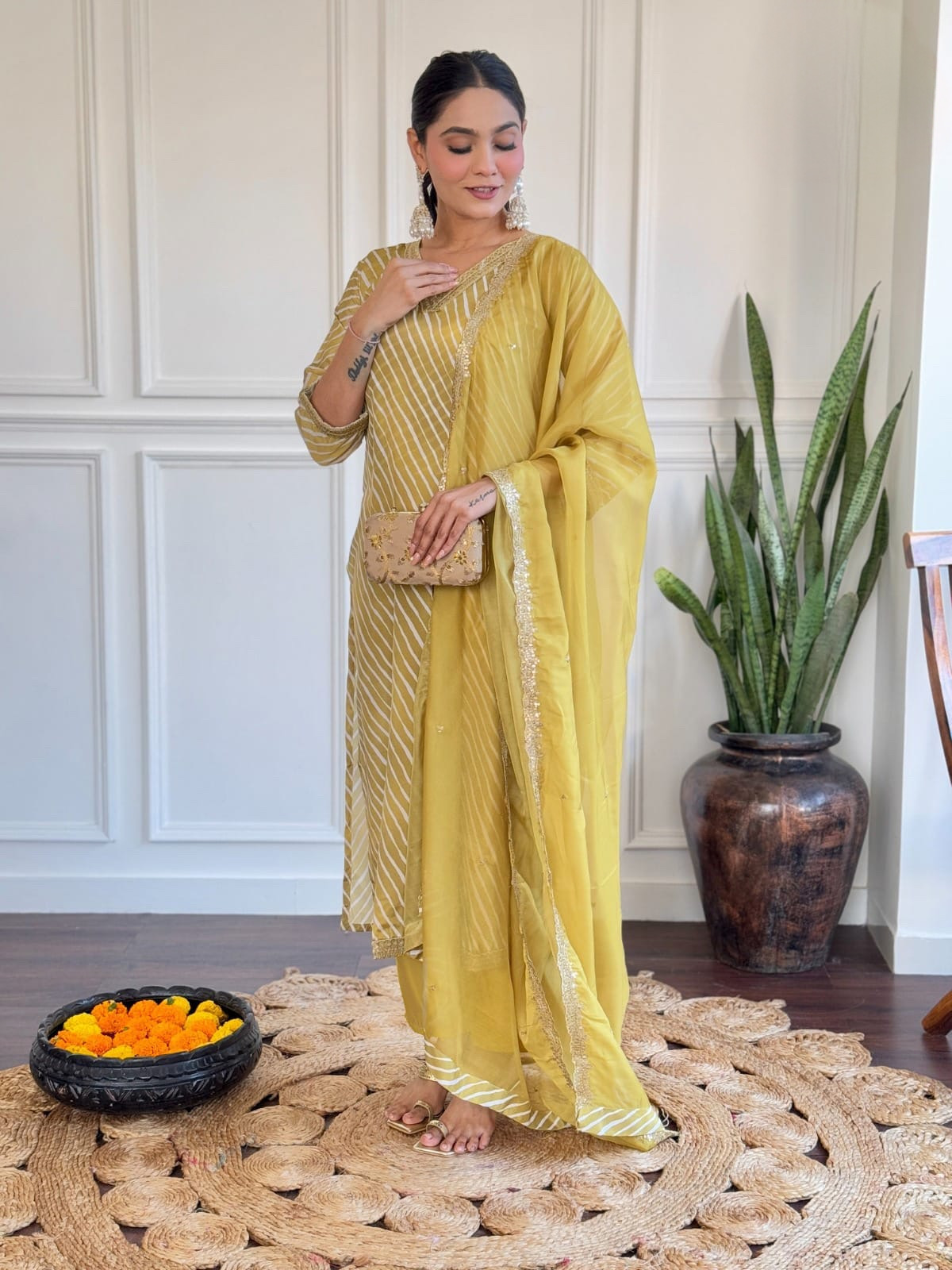 Printed Lehriya Heavy Viscose Kurta Set Embroidered With Chanderi Bottom & Organza Dupatta