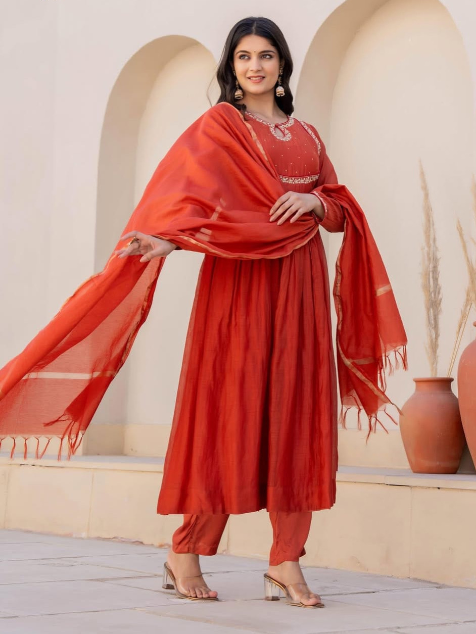 Orange Color Heavy Viscose Silk Embroidered Kurta Set With Bottom & Silk Dupatta