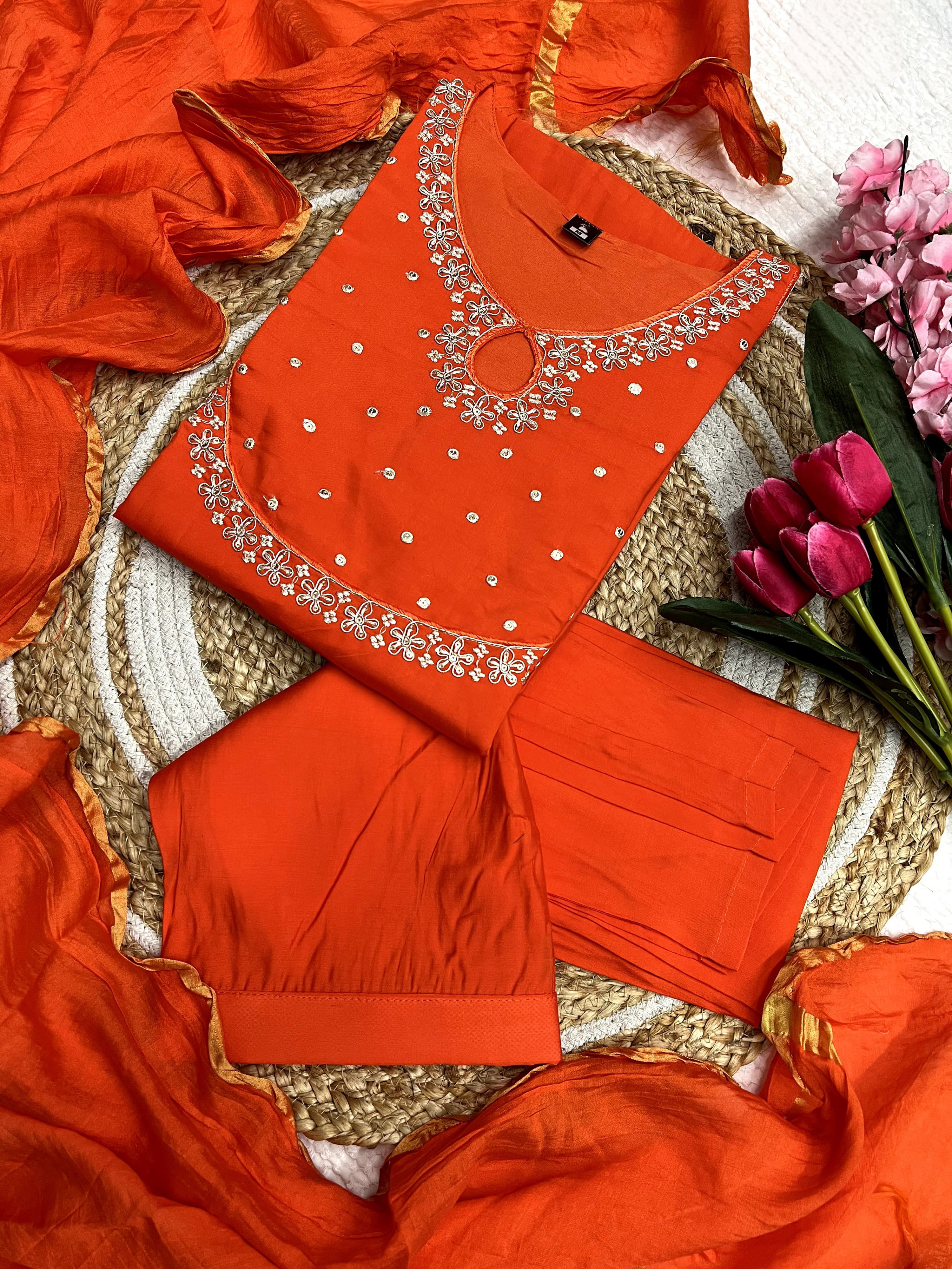 Orange Color Heavy Viscose Silk Embroidered Kurta Set With Bottom & Silk Dupatta