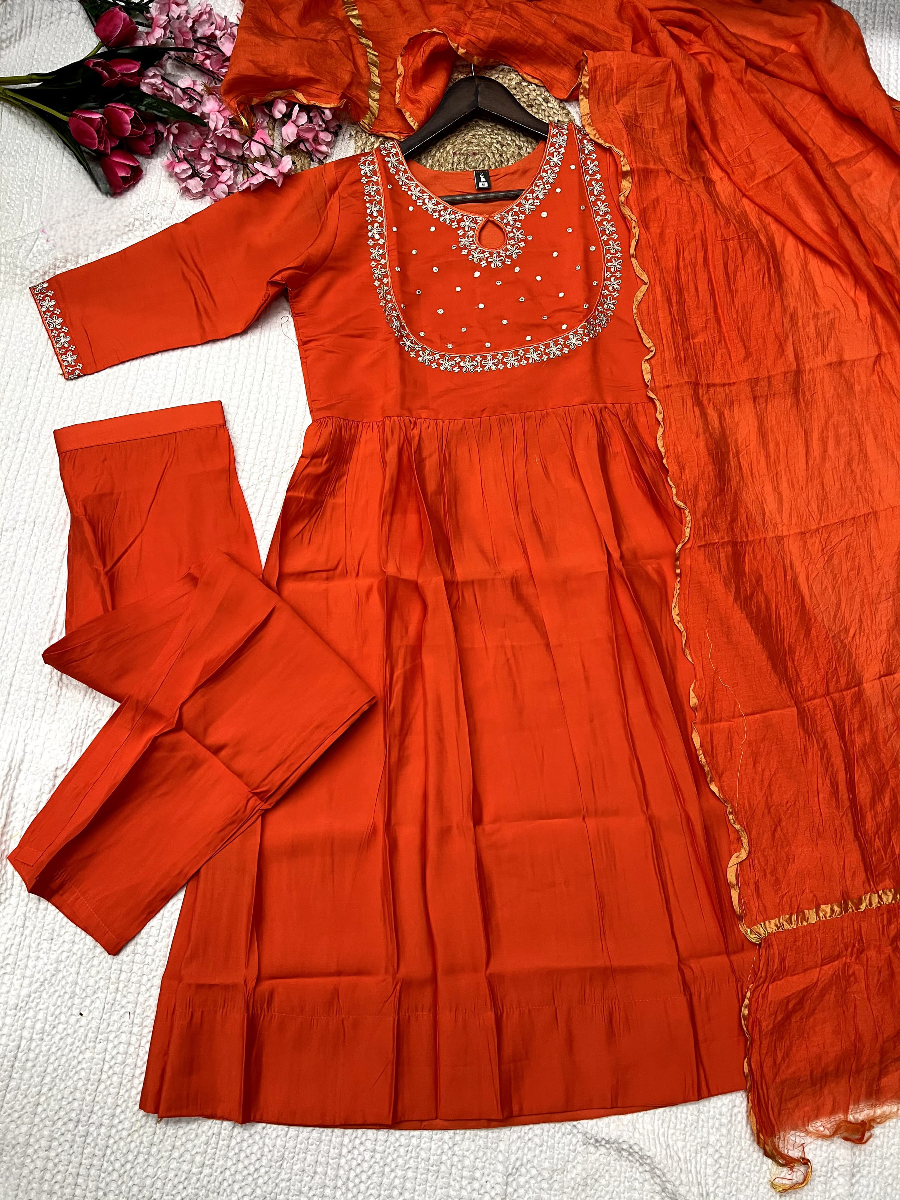 Orange Color Heavy Viscose Silk Embroidered Kurta Set With Bottom & Silk Dupatta