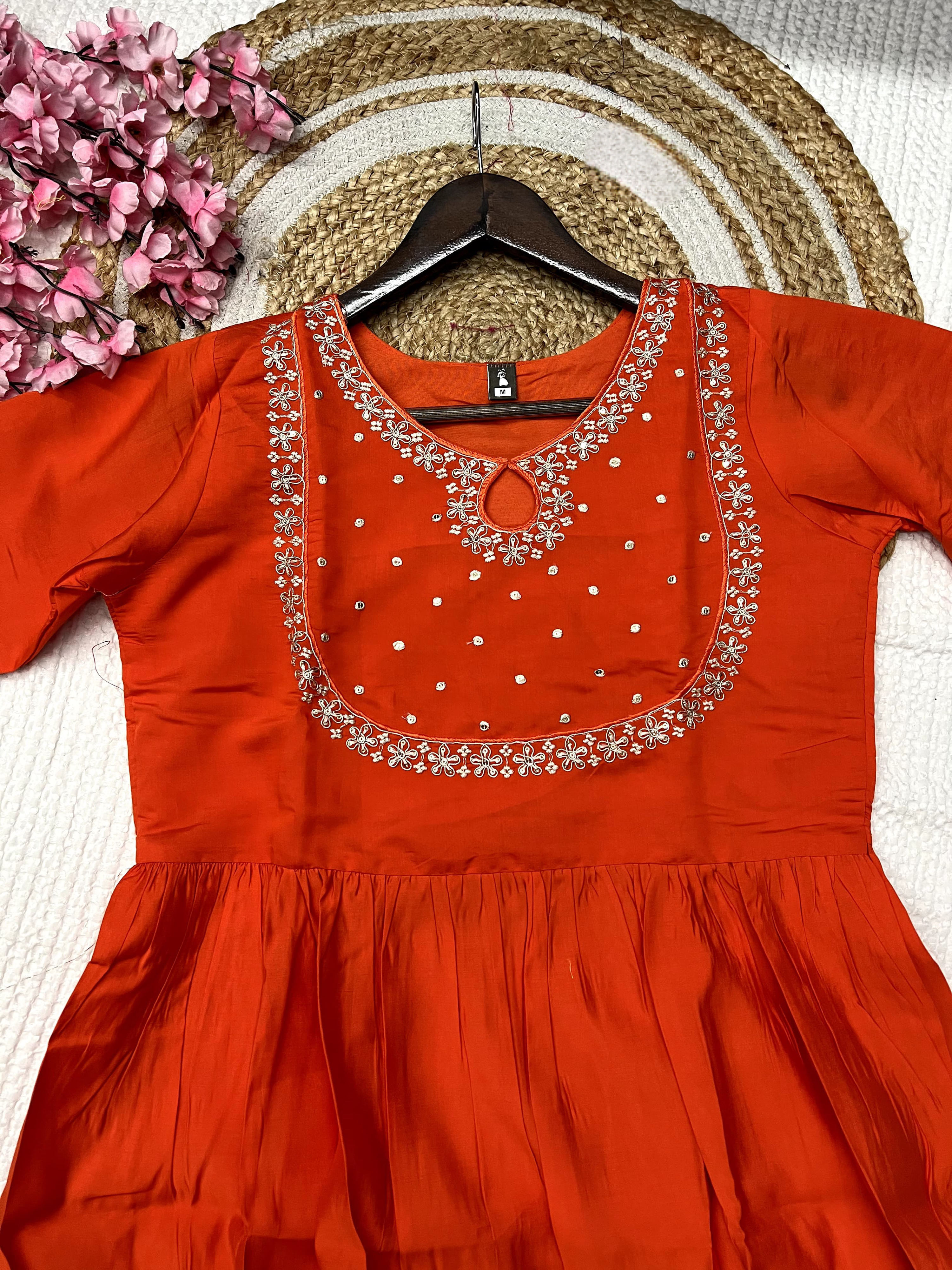 Orange Color Heavy Viscose Silk Embroidered Kurta Set With Bottom & Silk Dupatta