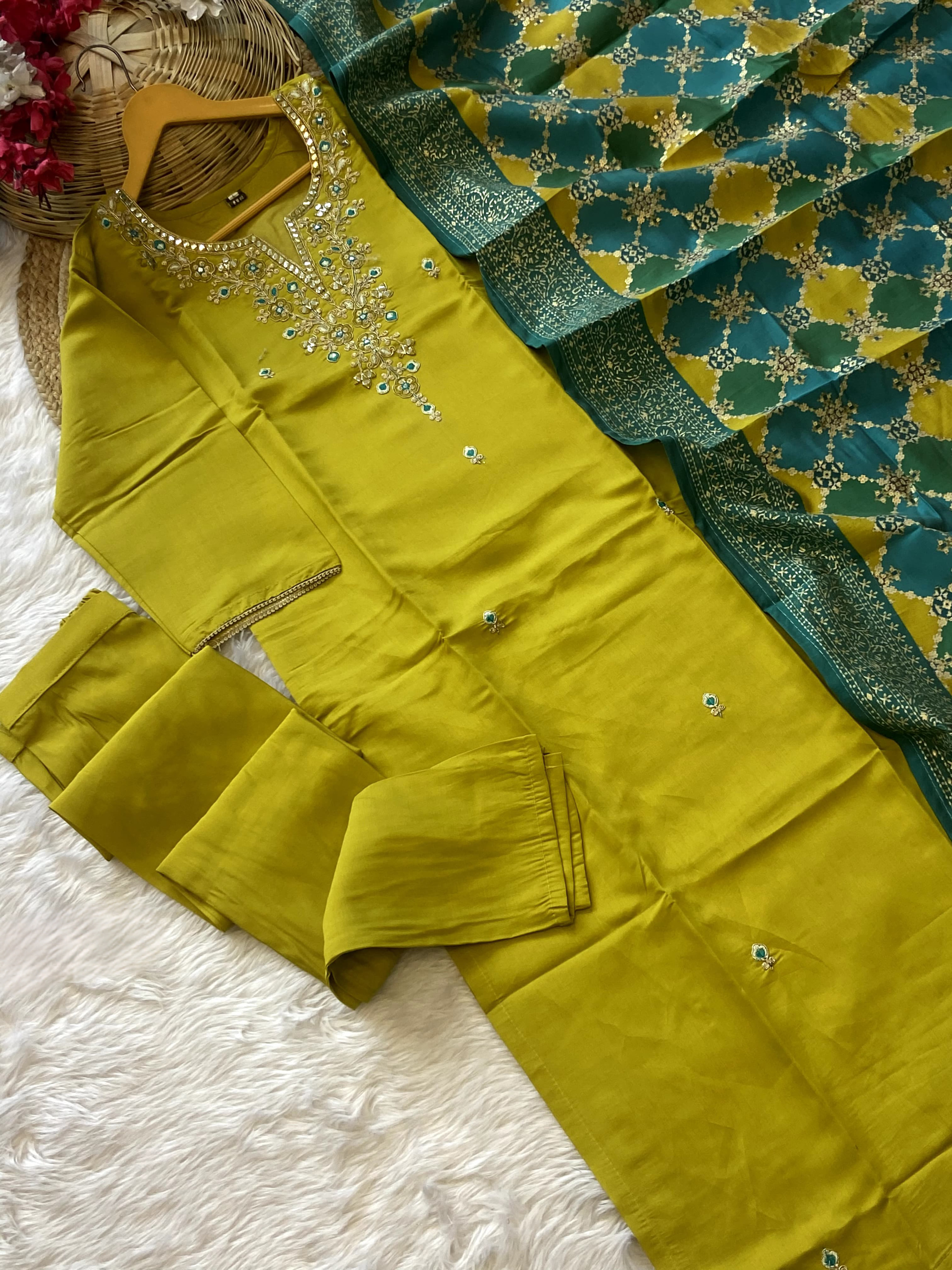 Radiant Green Color Heavy Viscose Chanderi Embroidered Kurta With Bottom & Printed Chanderi Dupatta