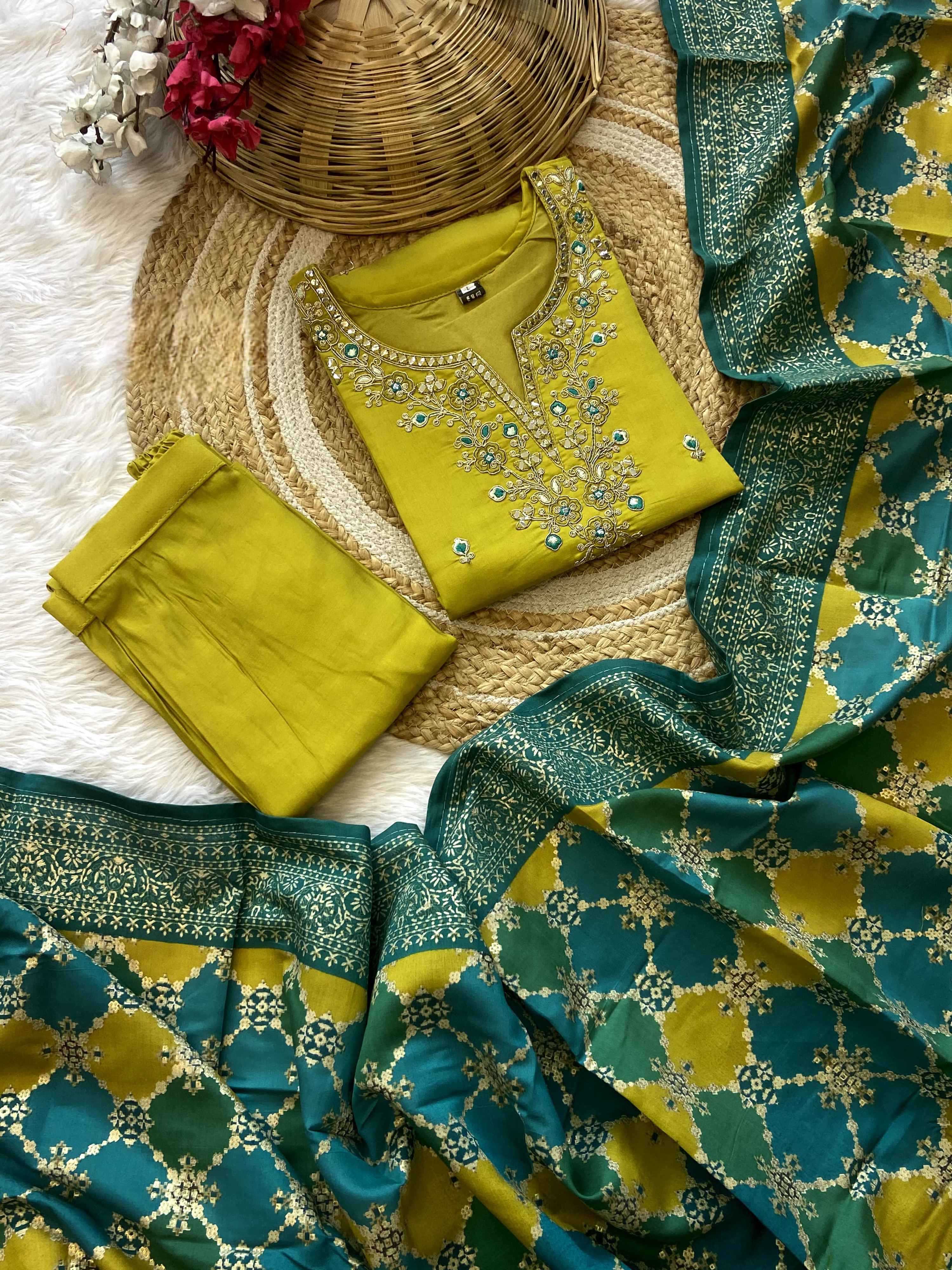 Radiant Green Color Heavy Viscose Chanderi Embroidered Kurta With Bottom & Printed Chanderi Dupatta