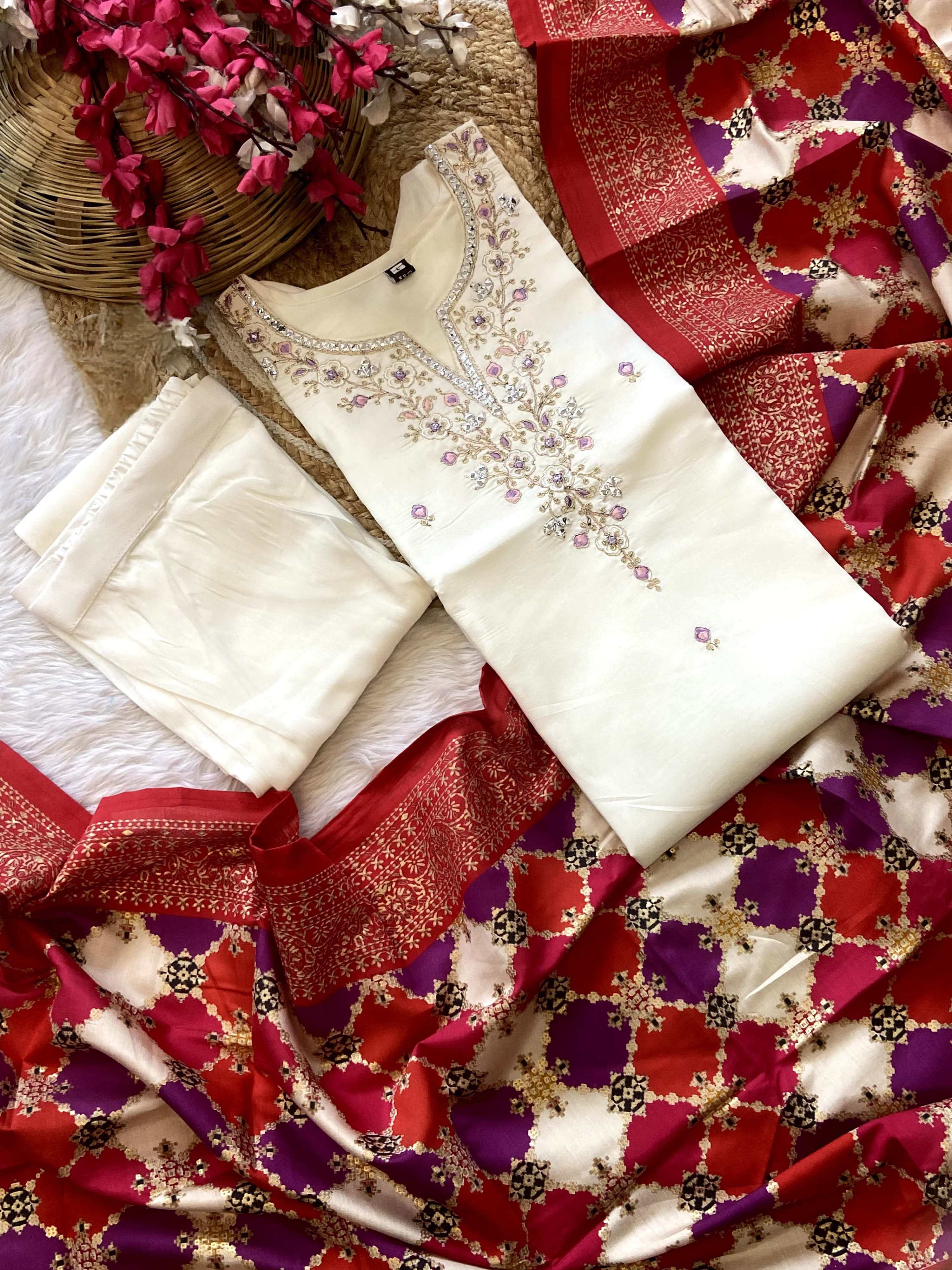 OffWhite Color Heavy Viscose Chanderi Embroidered Kurta With Bottom & Printed Chanderi Dupatta