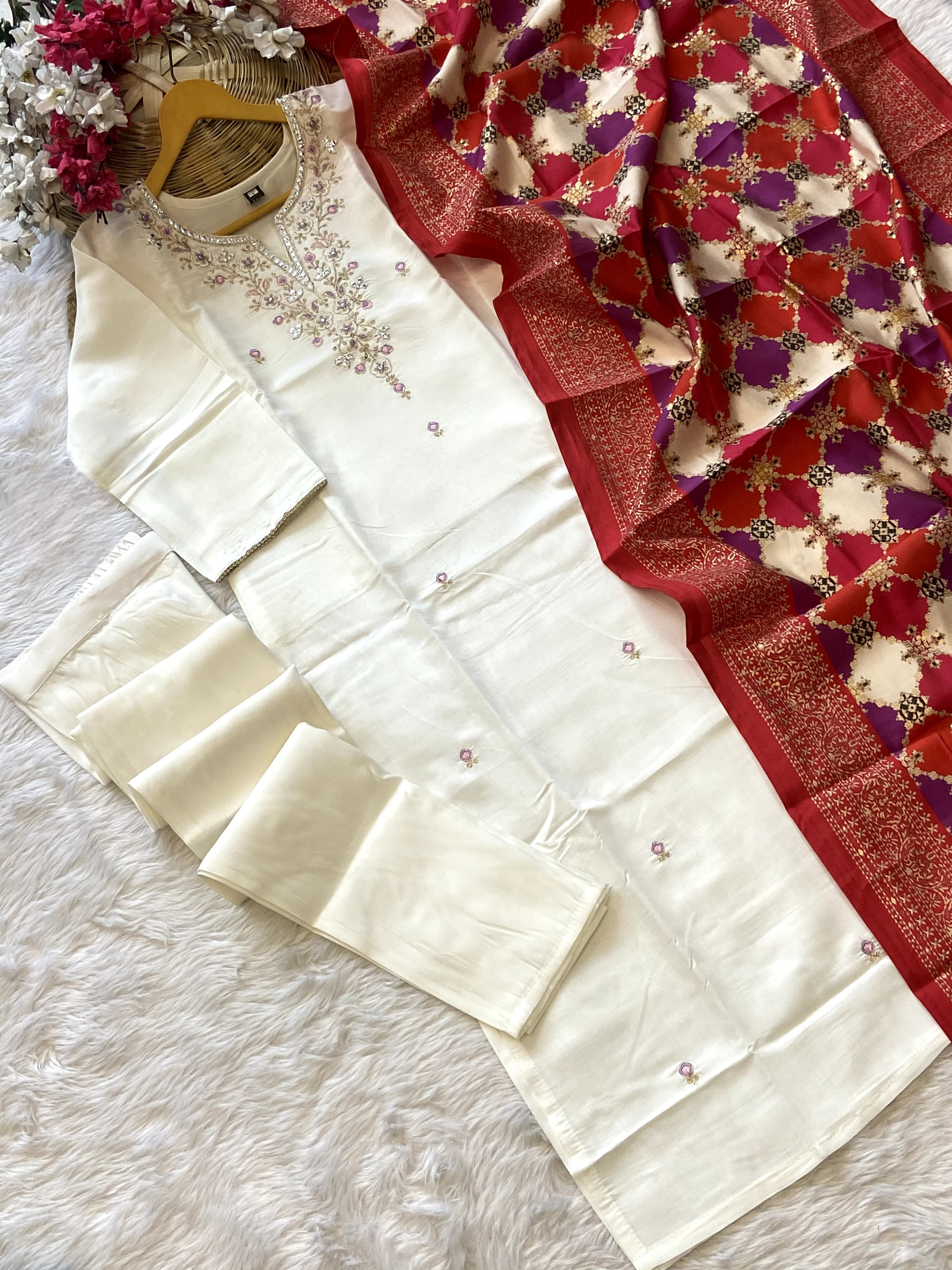 OffWhite Color Heavy Viscose Chanderi Embroidered Kurta With Bottom & Printed Chanderi Dupatta