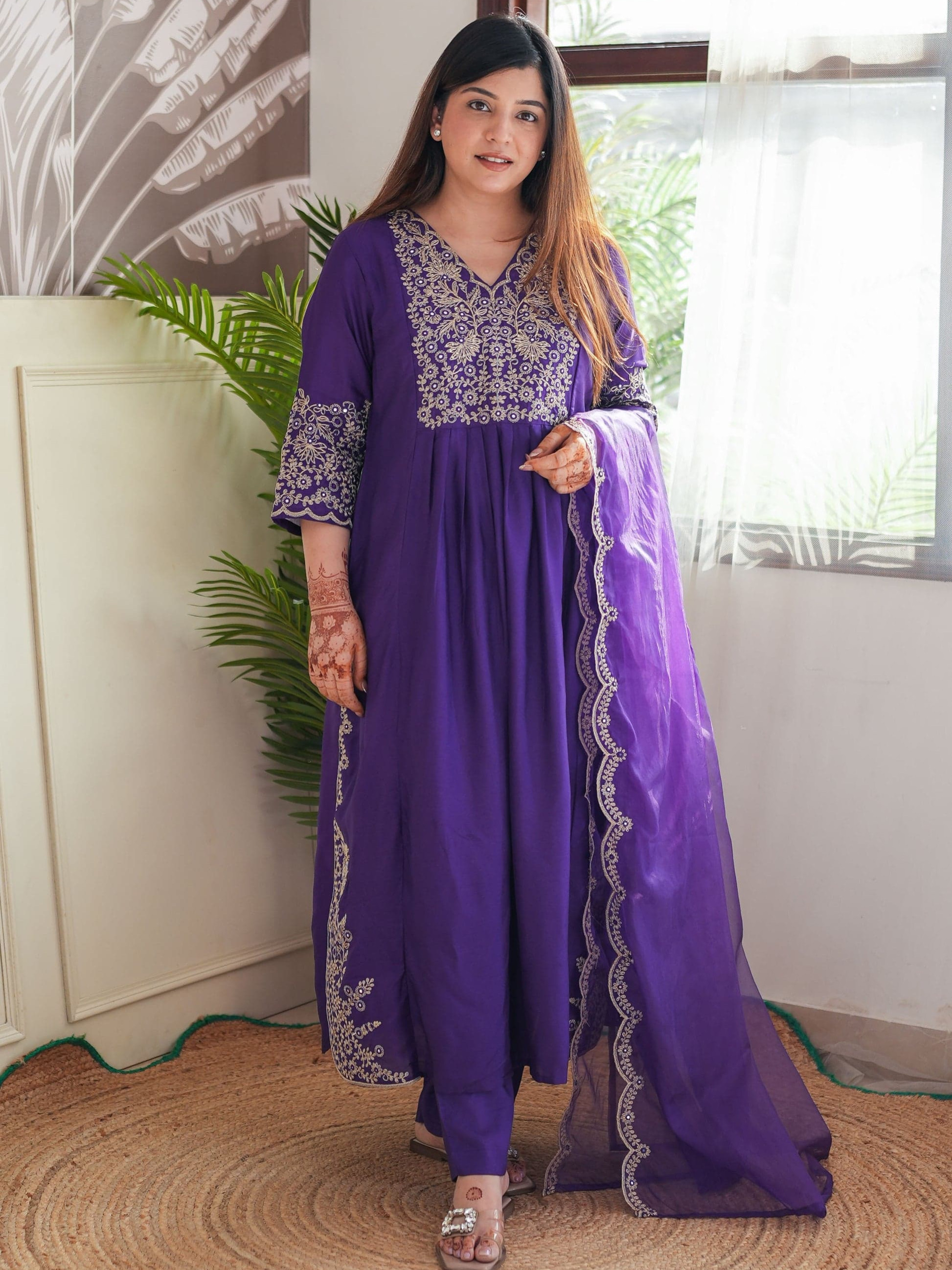 Purple Color Viscose Chanderi Embroidered Kurta With Bottom & Organza Silk Dupatta