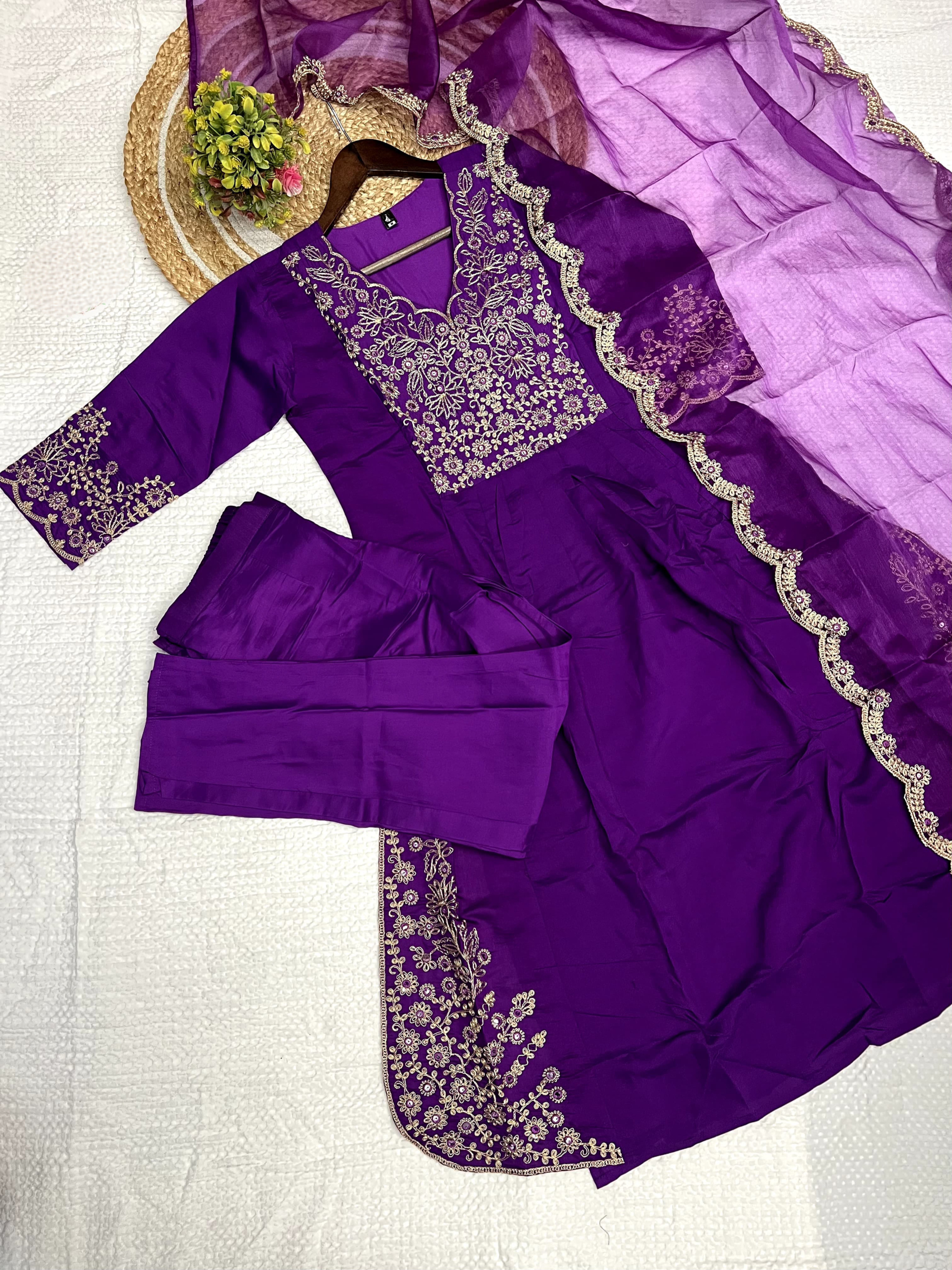 Purple Color Viscose Chanderi Embroidered Kurta With Bottom & Organza Silk Dupatta