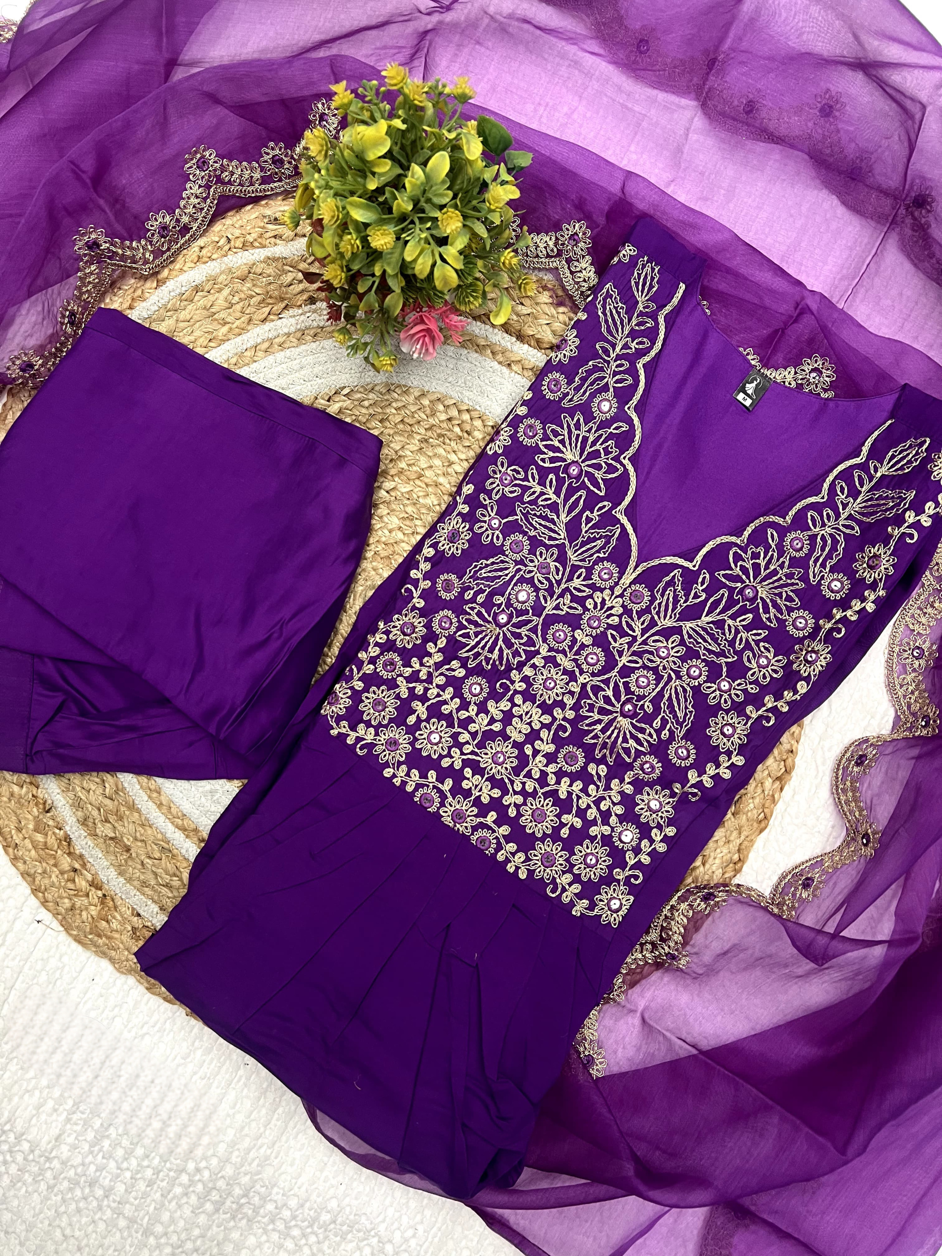 Purple Color Viscose Chanderi Embroidered Kurta With Bottom & Organza Silk Dupatta