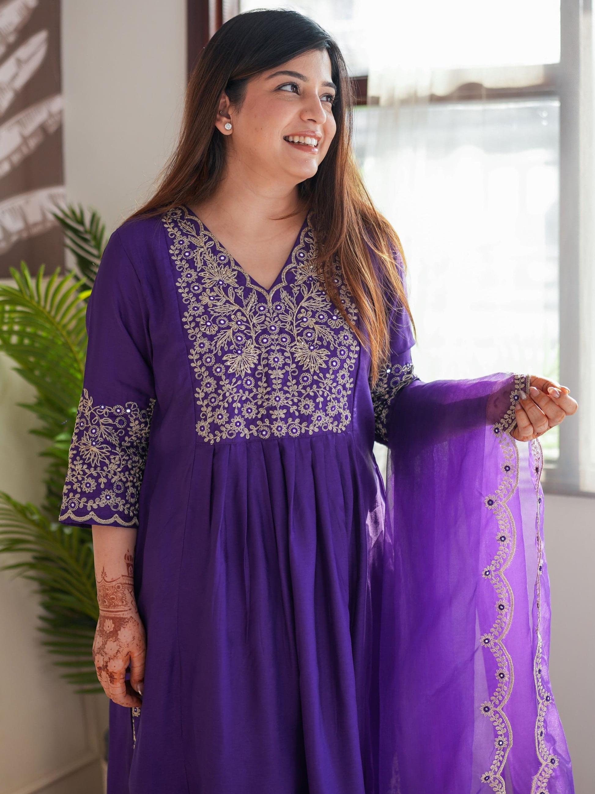 Purple Color Viscose Chanderi Embroidered Kurta With Bottom & Organza Silk Dupatta