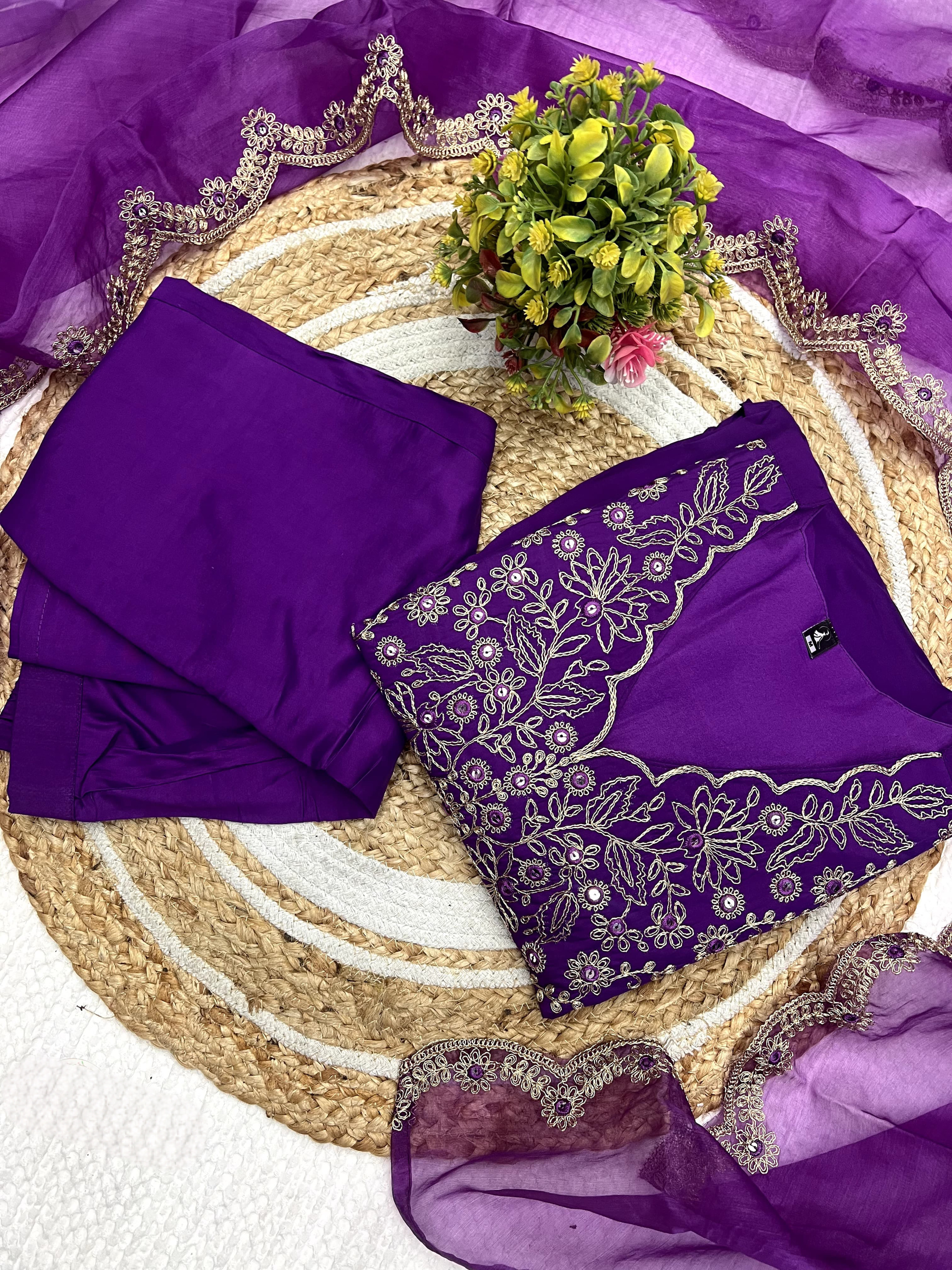 Purple Color Viscose Chanderi Embroidered Kurta With Bottom & Organza Silk Dupatta