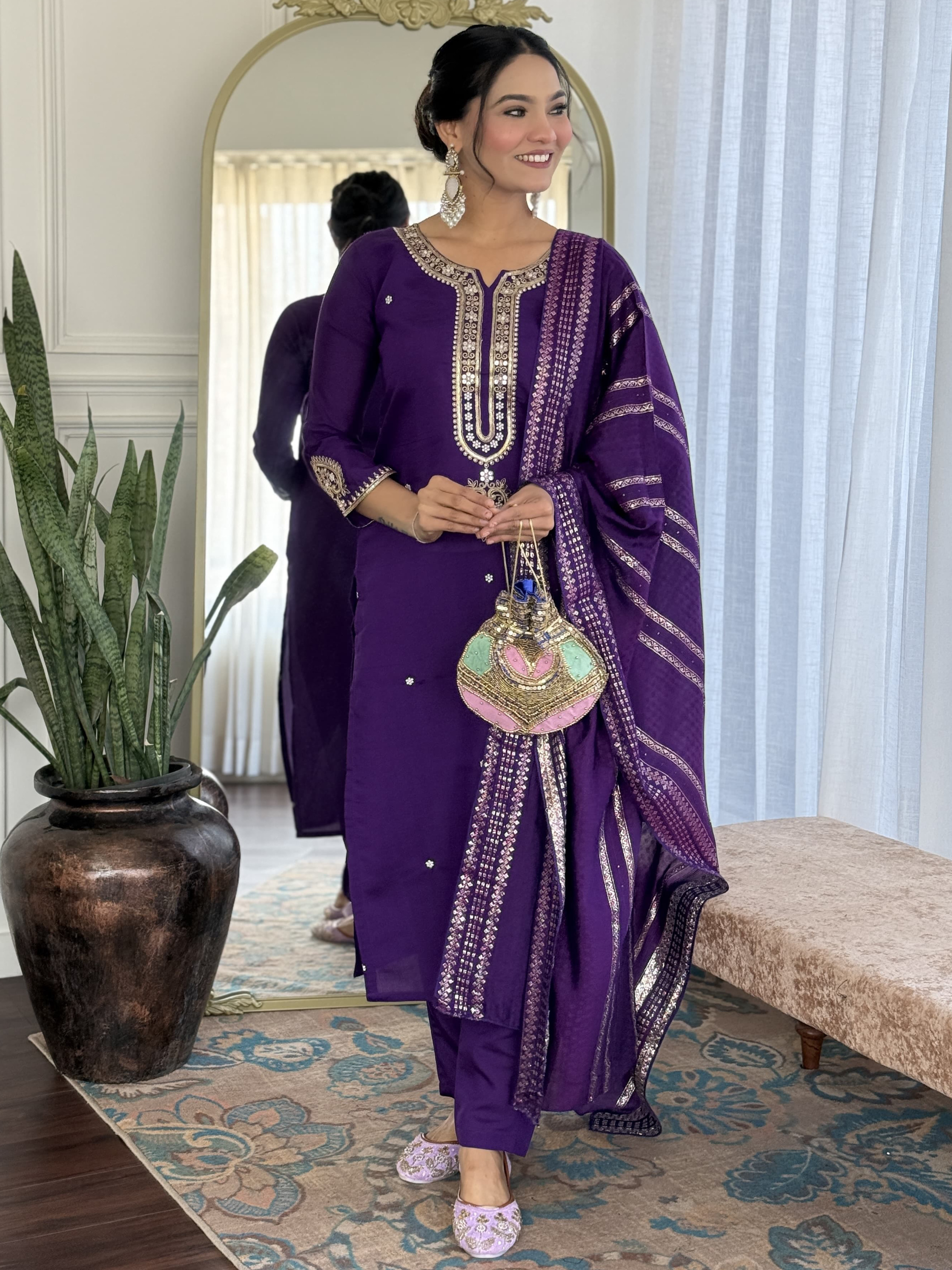 Purple Chanderi Kurta Set With Jacquard Dupatta Graceful & Stylish