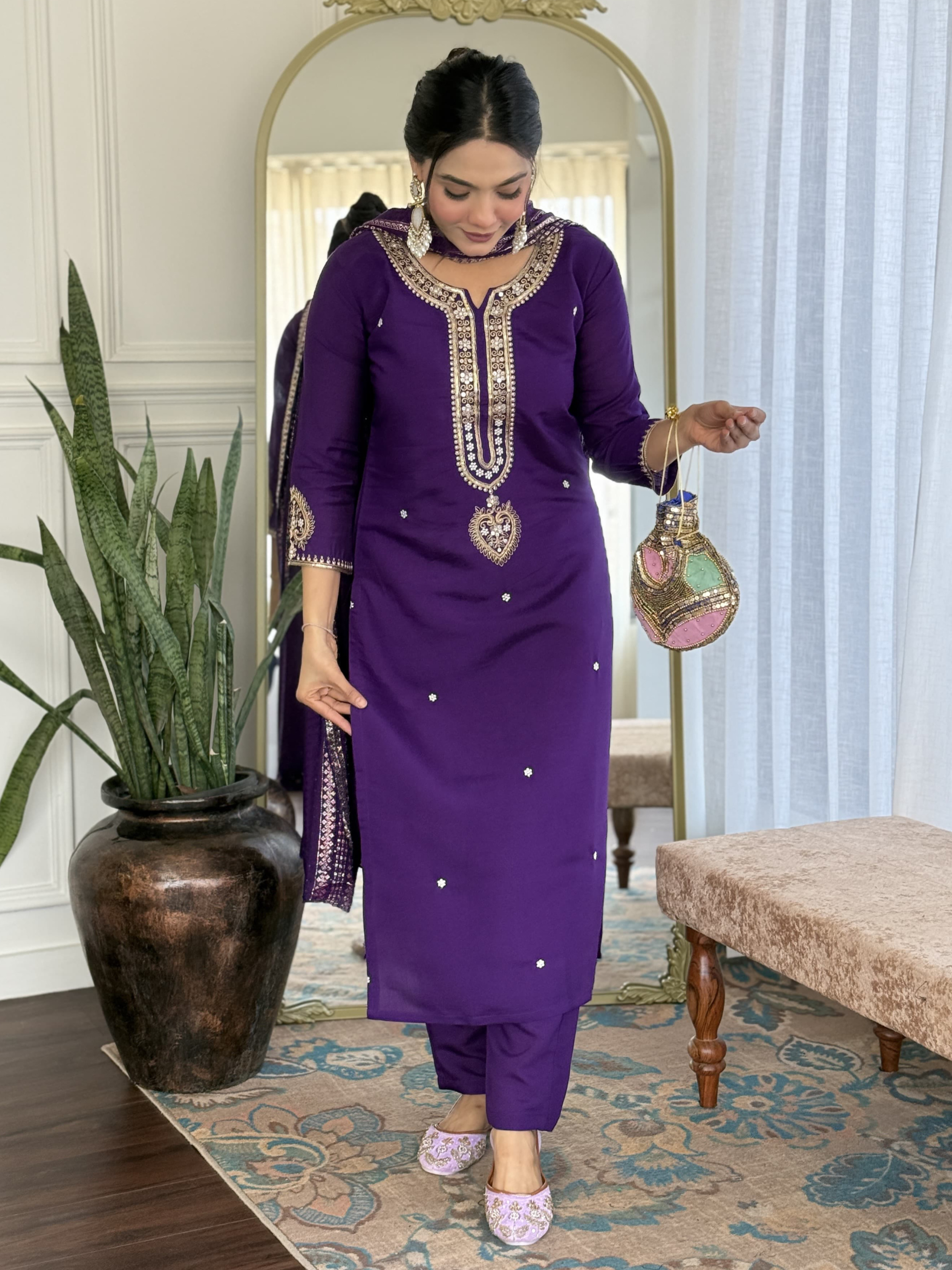 Purple Chanderi Kurta Set With Jacquard Dupatta Graceful & Stylish