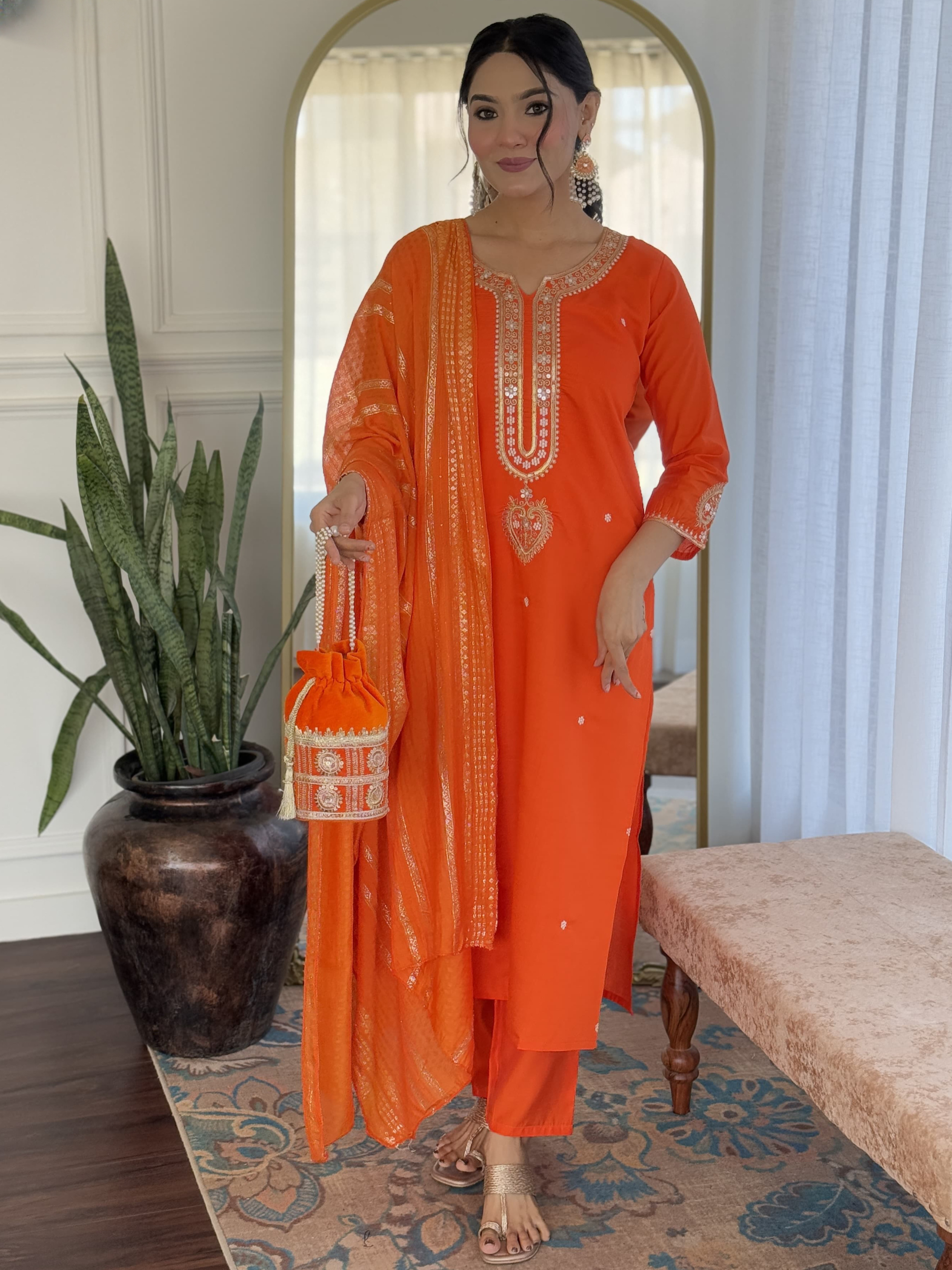 Orange Chanderi Kurta Set With Jacquard Dupatta Graceful & Stylish