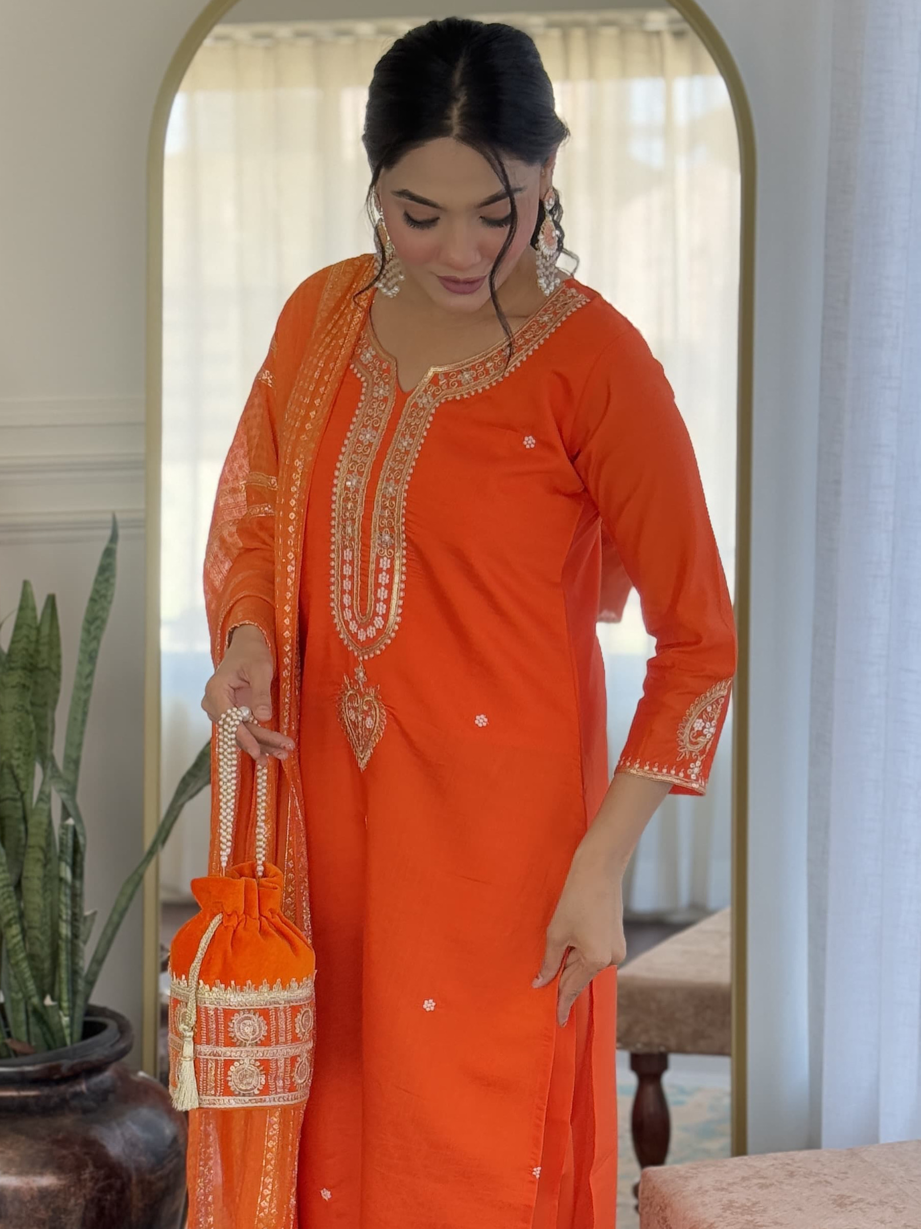 Orange Chanderi Kurta Set With Jacquard Dupatta Graceful & Stylish
