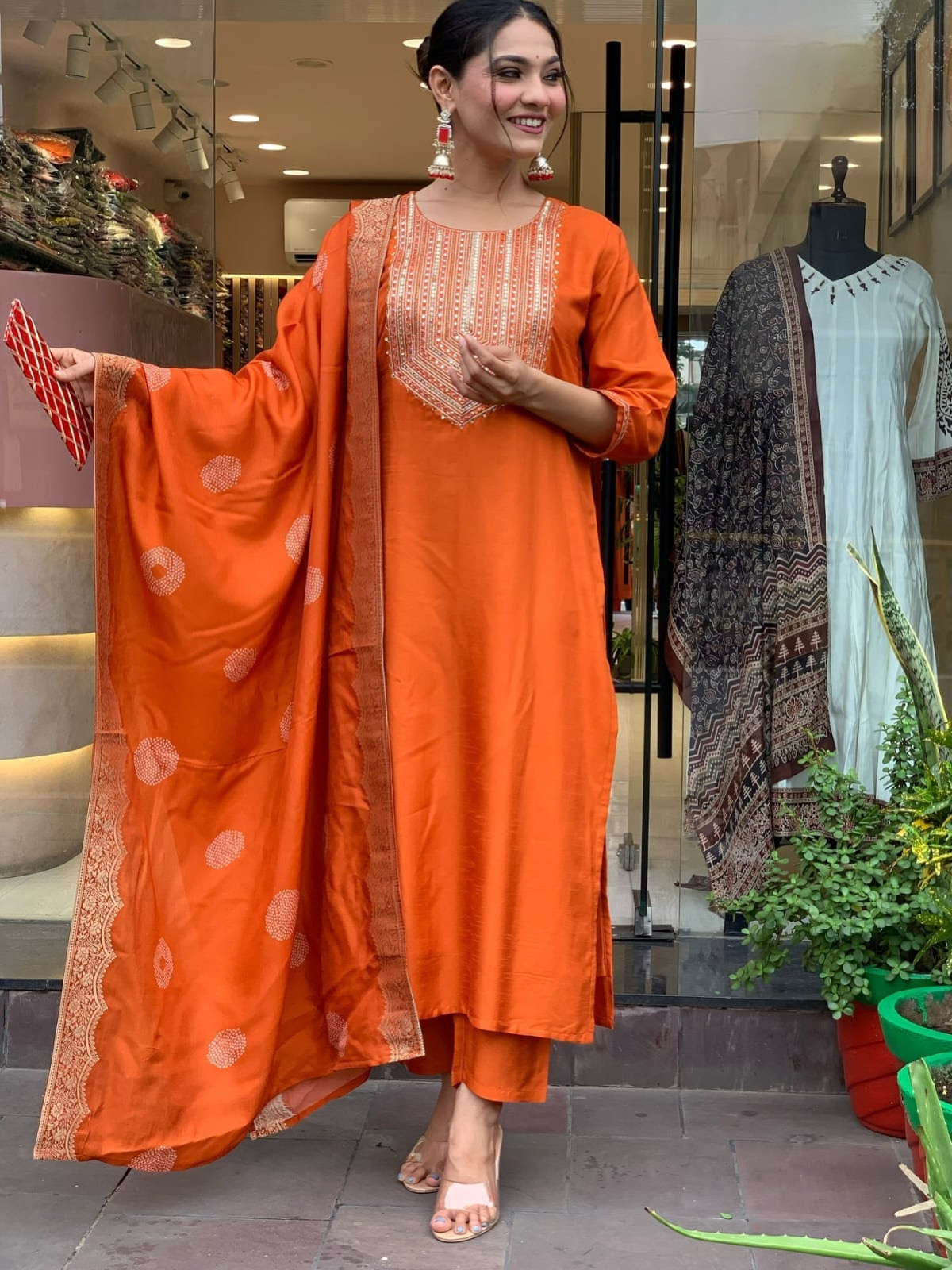 Radiant Orange PV Silk Kurta Set Embroidery & Jacquard Dupatta