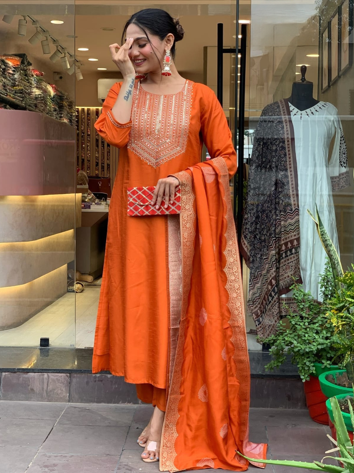 Radiant Orange PV Silk Kurta Set Embroidery & Jacquard Dupatta