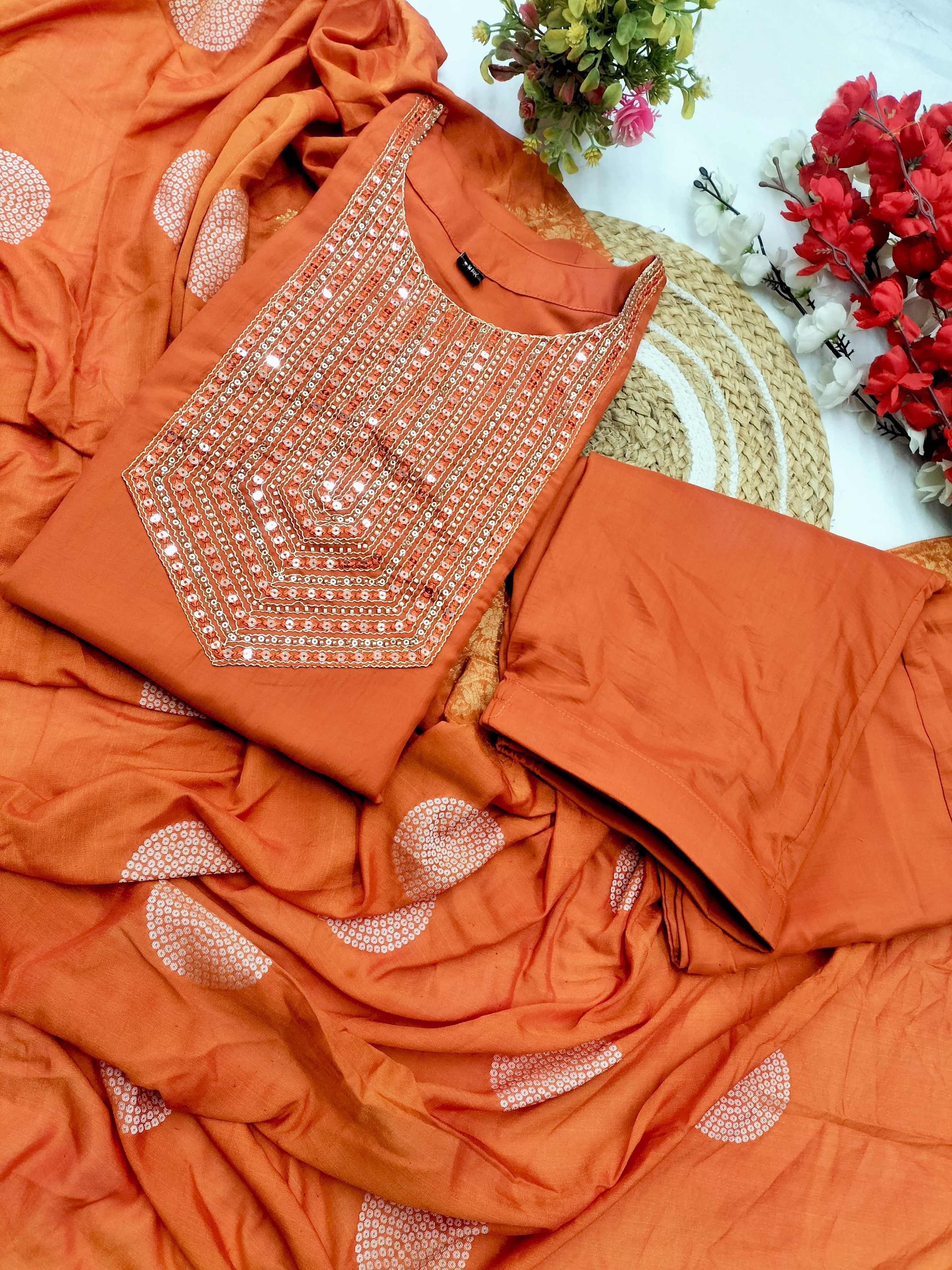 Radiant Orange PV Silk Kurta Set Embroidery & Jacquard Dupatta