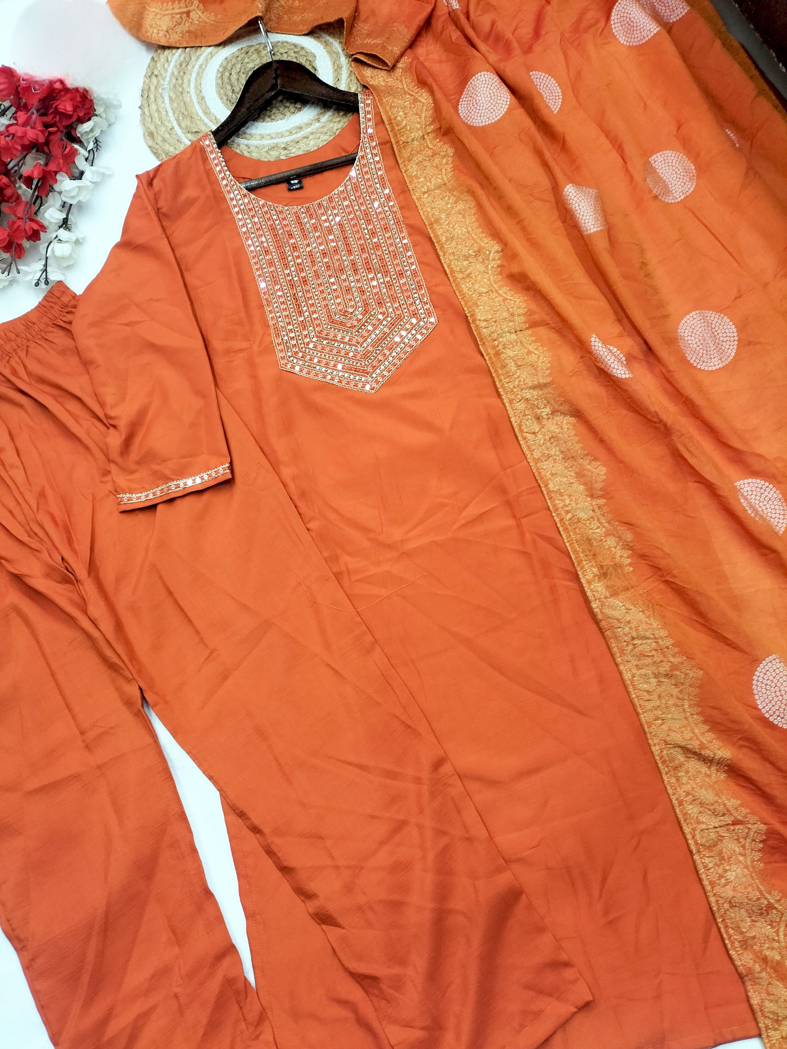 Radiant Orange PV Silk Kurta Set Embroidery & Jacquard Dupatta