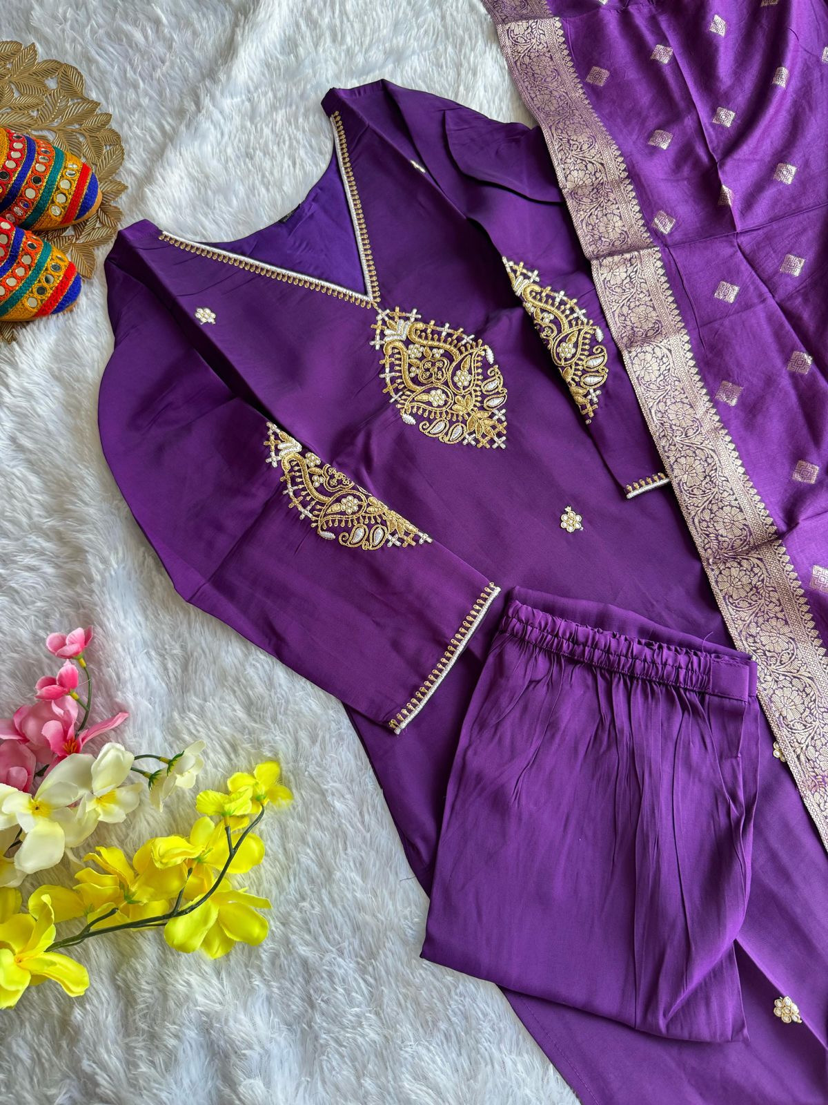 Festive Purple Roman Silk Embroidered Kurta Set With Maslin Jacquad Dupatta