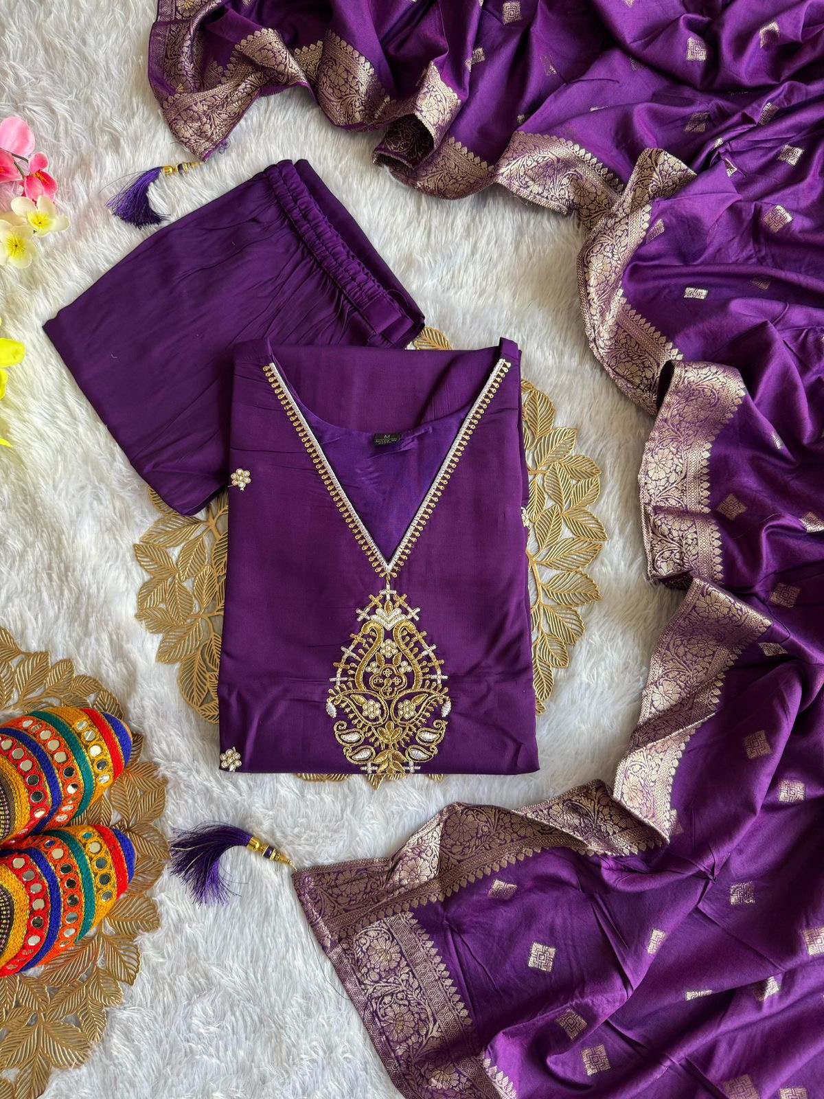 Festive Purple Roman Silk Embroidered Kurta Set With Maslin Jacquad Dupatta