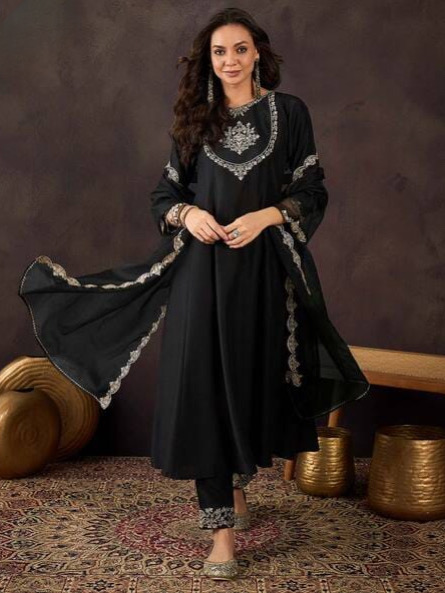 Timeless Black Silk Suit with Embroidery & Jacquard Dupatta