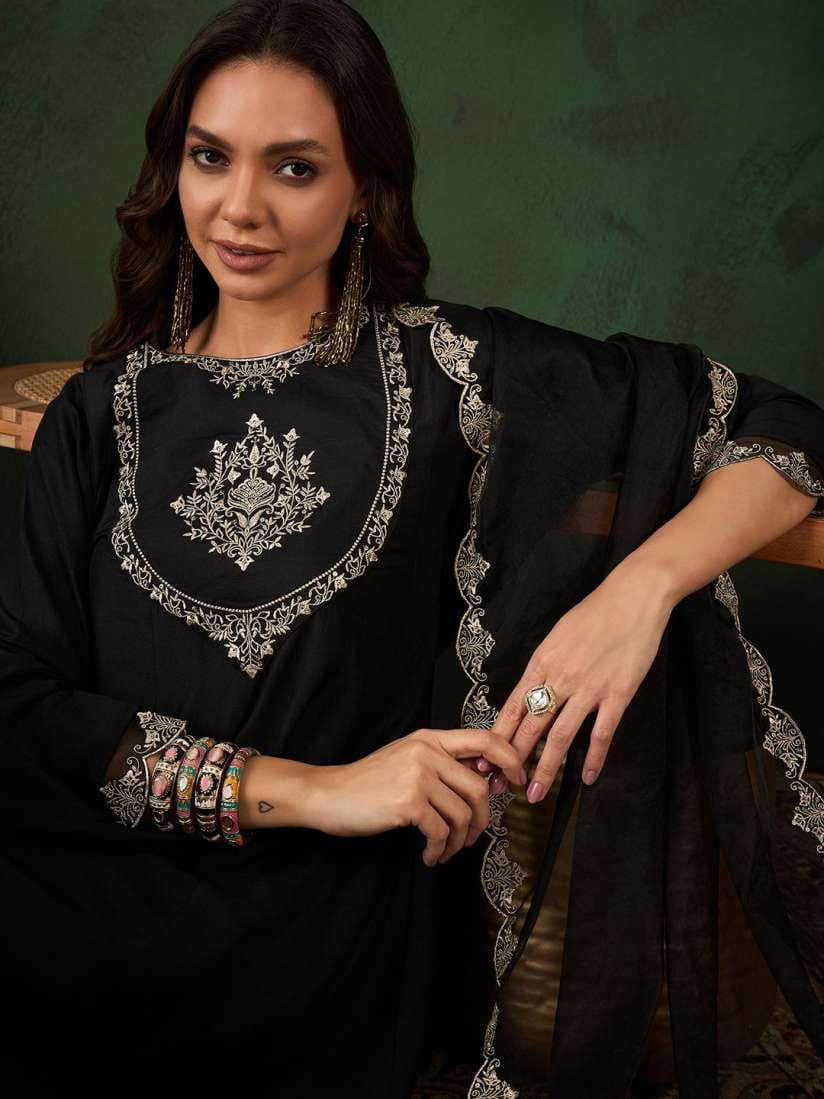 Timeless Black Silk Suit with Embroidery & Jacquard Dupatta