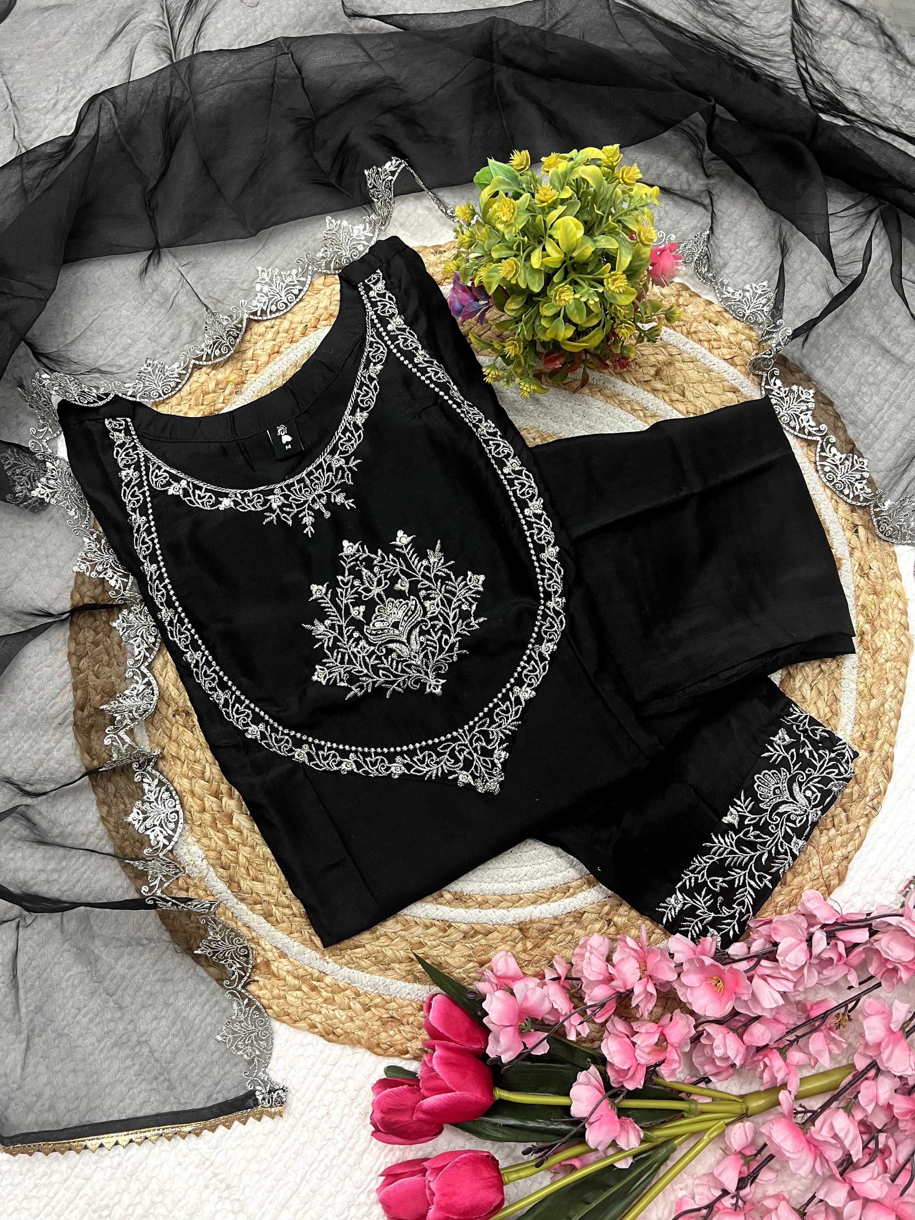 Timeless Black Silk Suit with Embroidery & Jacquard Dupatta