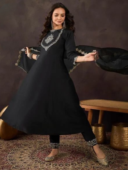 Timeless Black Silk Suit with Embroidery & Jacquard Dupatta