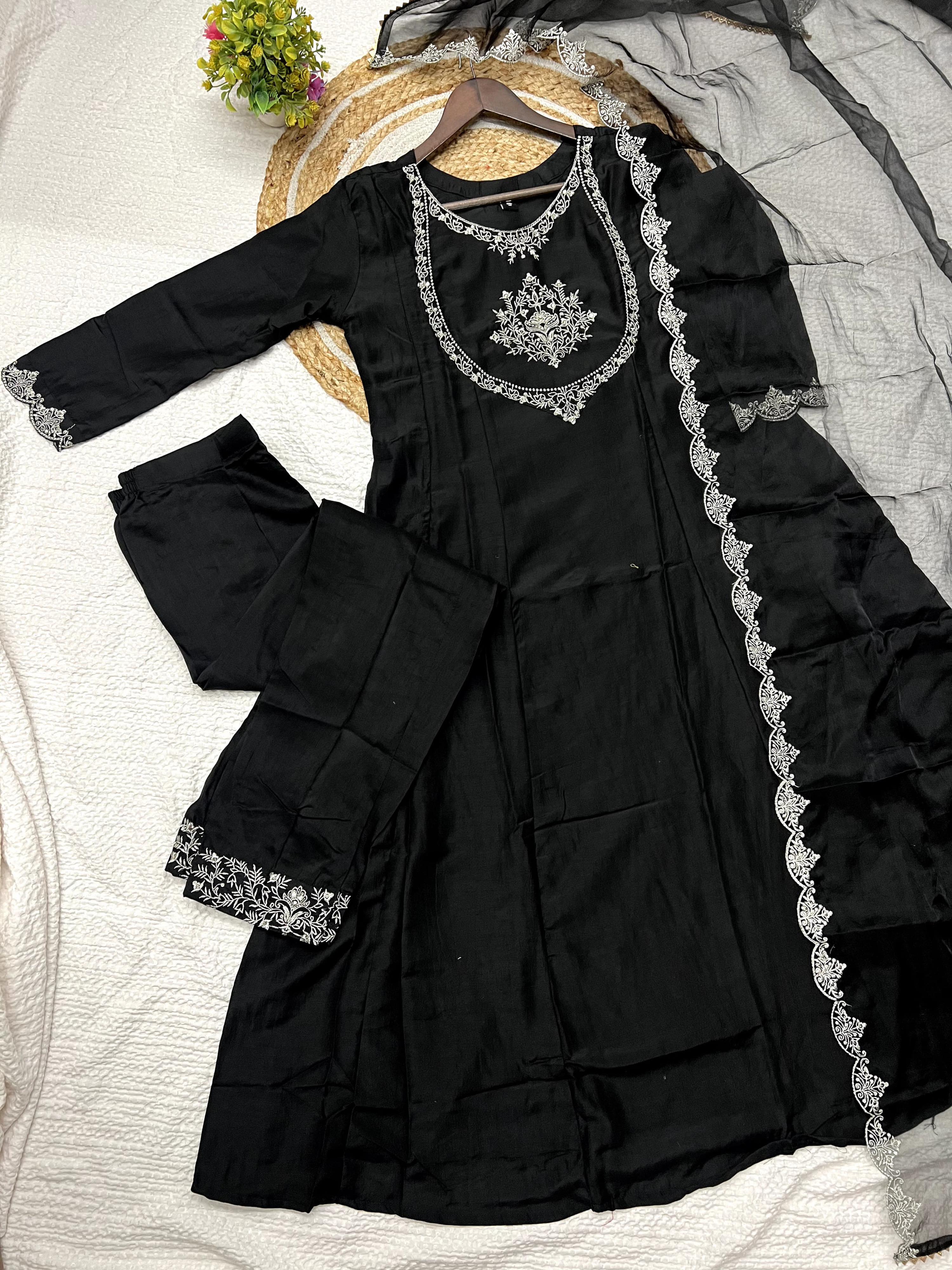 Timeless Black Silk Suit with Embroidery & Jacquard Dupatta