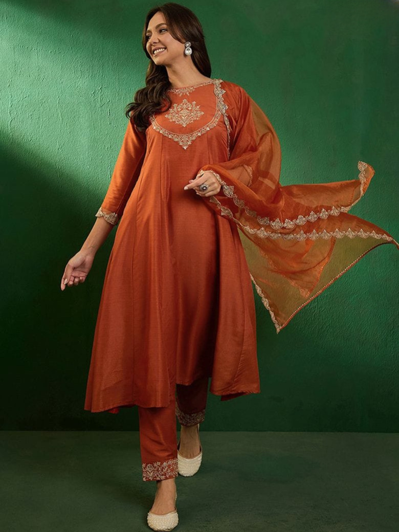 Timeless Orange Silk Suit with Embroidery & Jacquard Dupatta