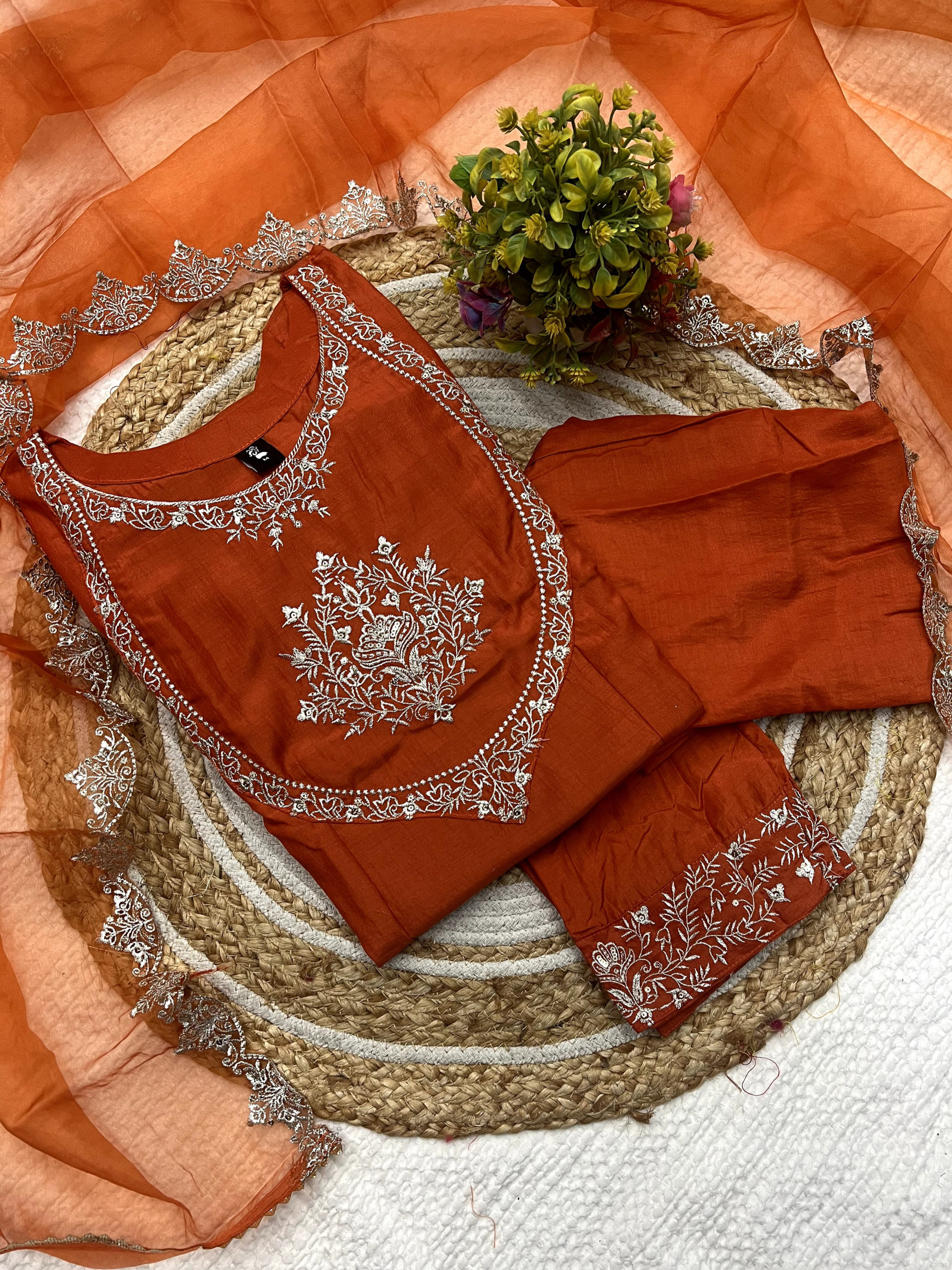 Timeless Orange Silk Suit with Embroidery & Jacquard Dupatta