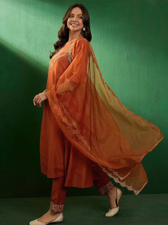 Timeless Orange Silk Suit with Embroidery & Jacquard Dupatta