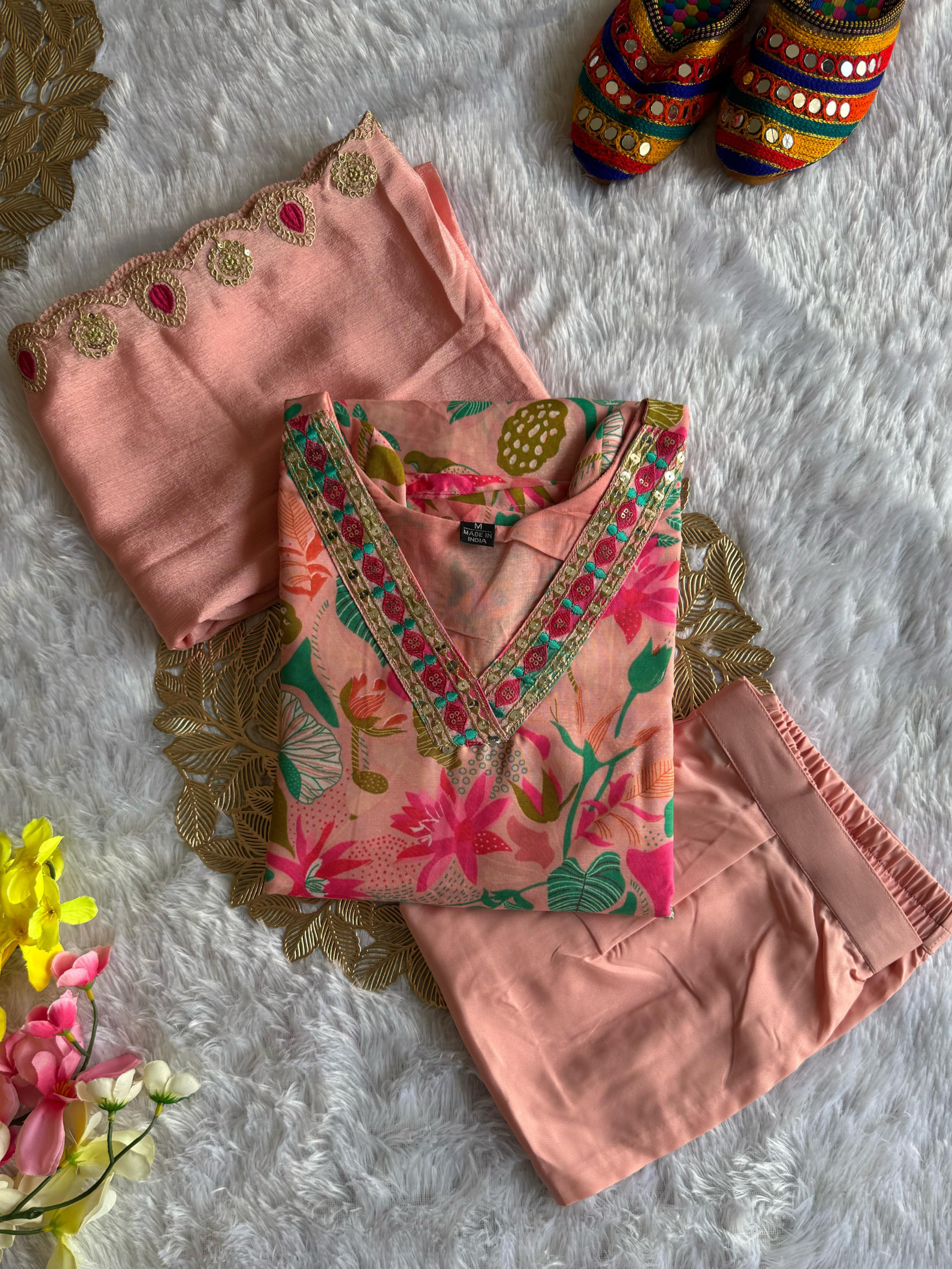 Multi Color Heavy Reyon Slub Print Embroidery Kurta Set With Chinnon Dupatta