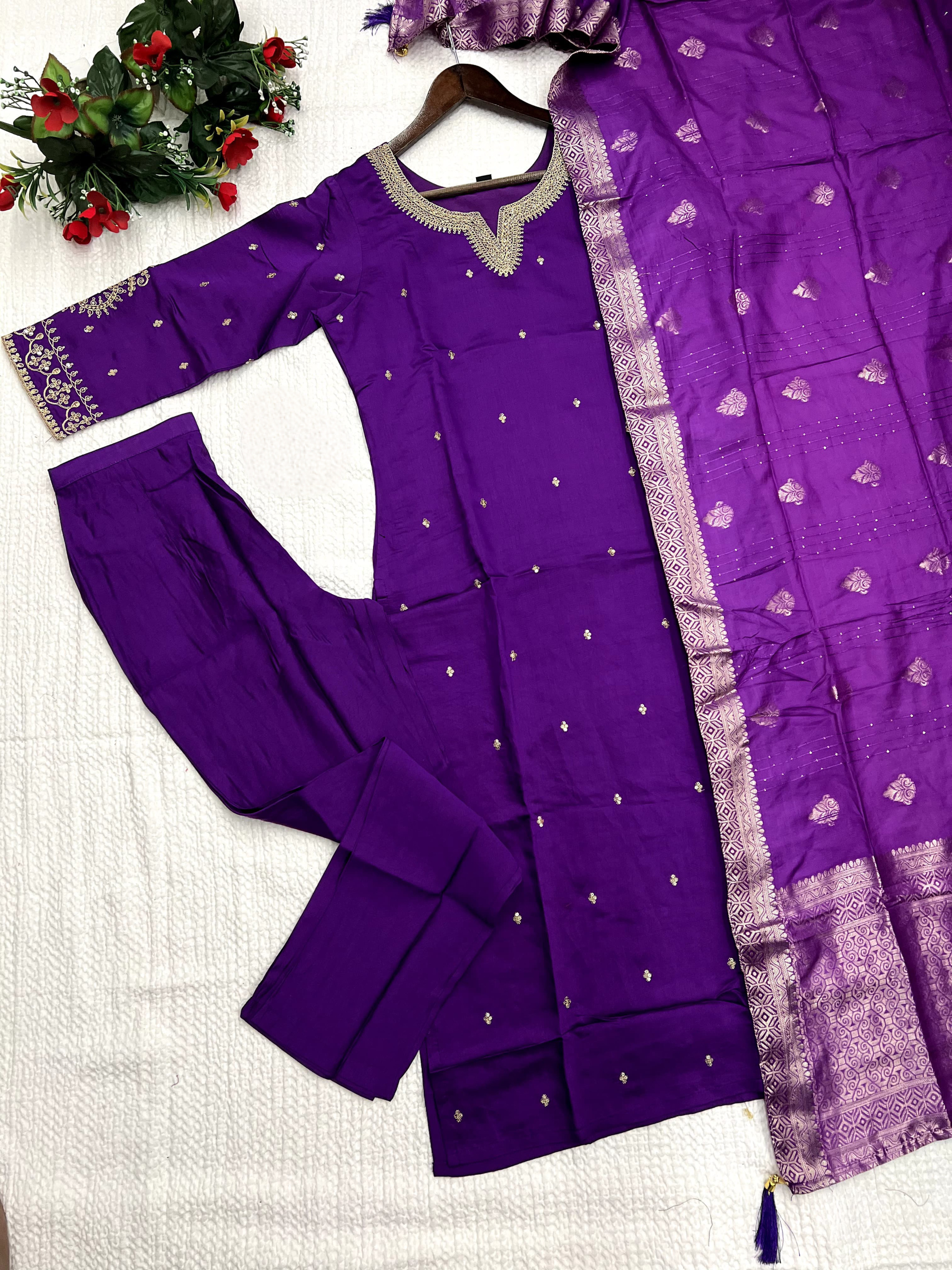 Designer Purple Embroidered Kurta Set in Roman Silk with Jacquard Dupatta