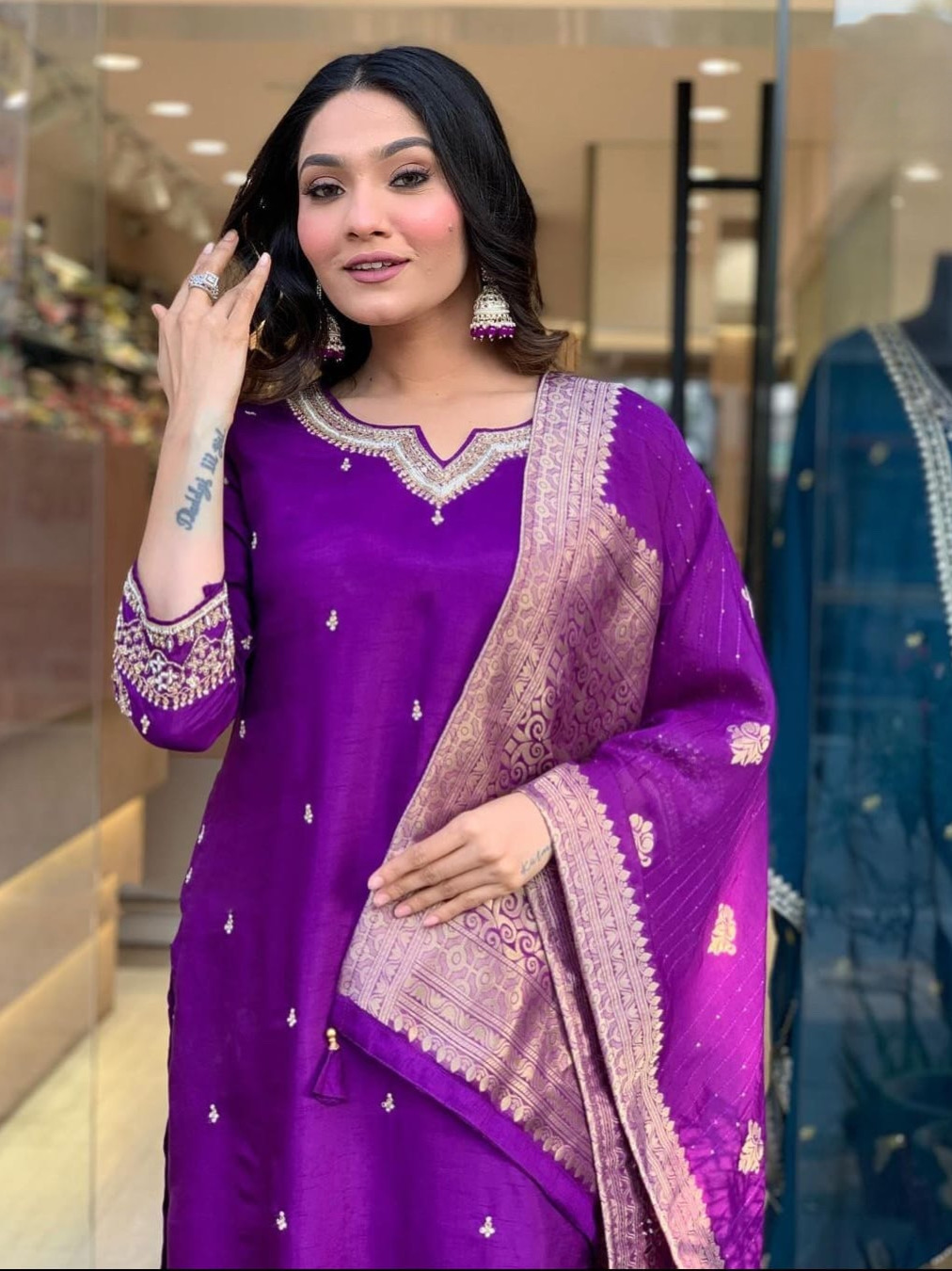 Designer Purple Embroidered Kurta Set in Roman Silk with Jacquard Dupatta