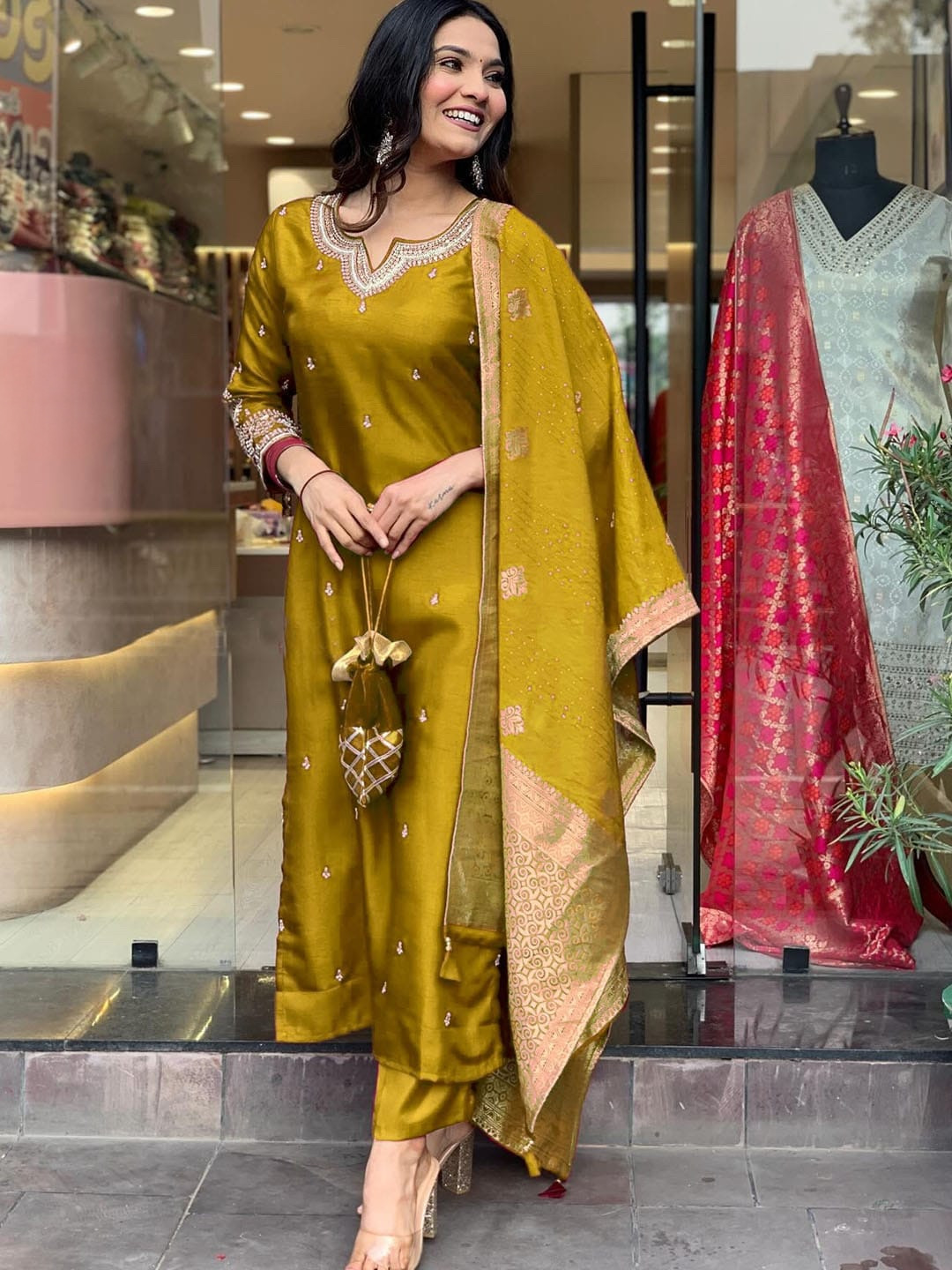 Designer Mehandi Green Embroidered Kurta Set in Roman Silk with Jacquard Dupatta