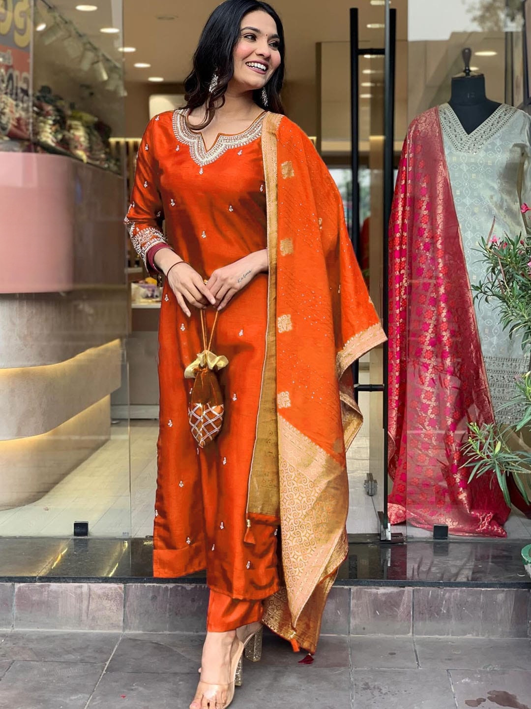 Orange Heavy Roman Silk Embroidered Kurta Set with Jacquard Dupatta