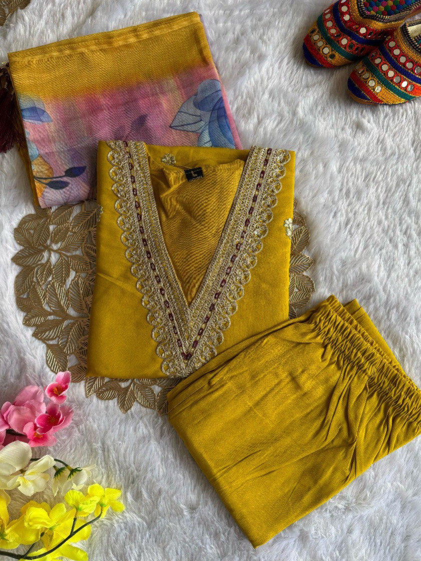 Yellow Haldi Color Heavy Roman Silk with Embroidered Work Matching Pant & Chanderi Silk Digital Print Dupatta